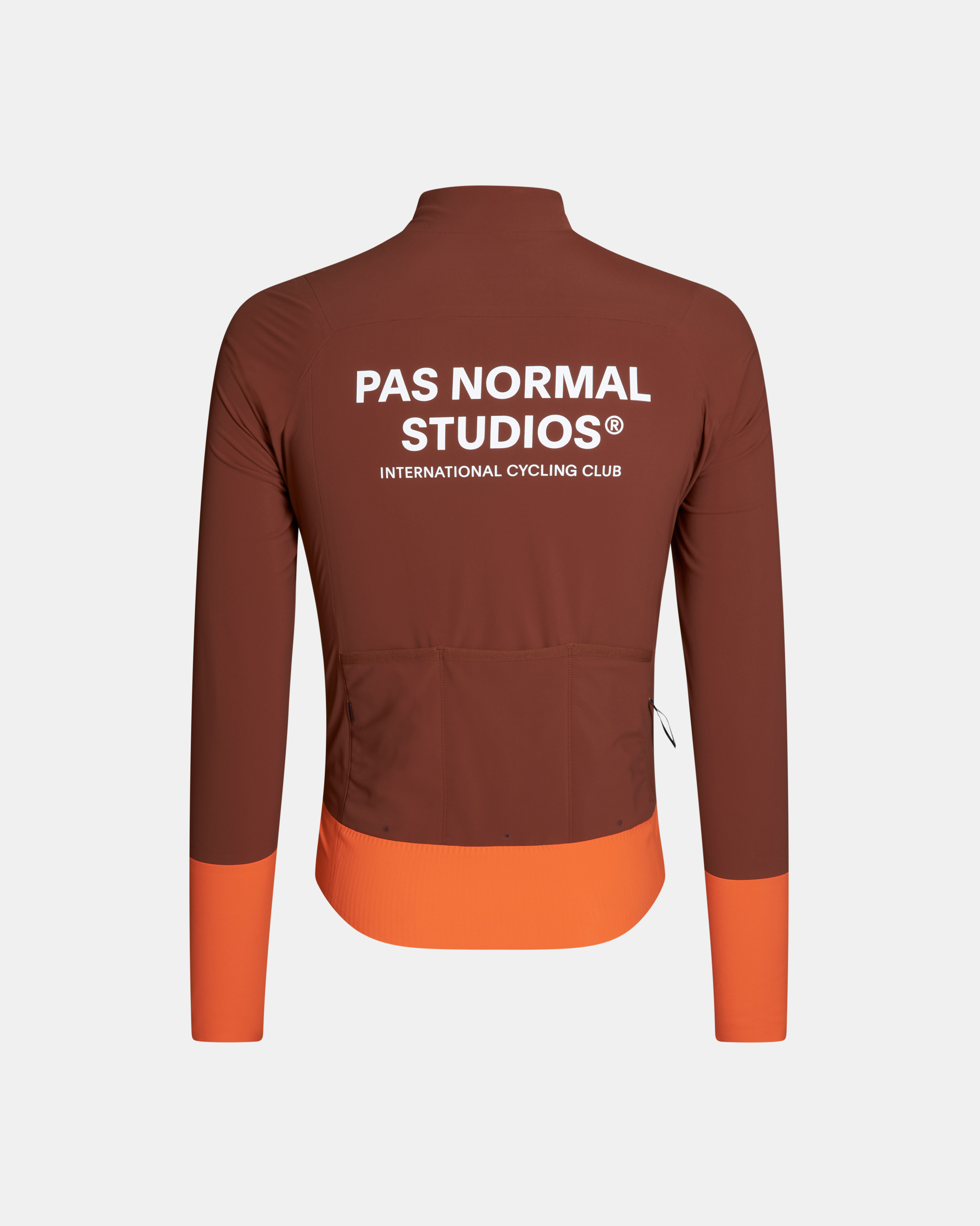 Brown Mechanism Thermal cycling jacket, rear view with orange contrast hem and cuffs