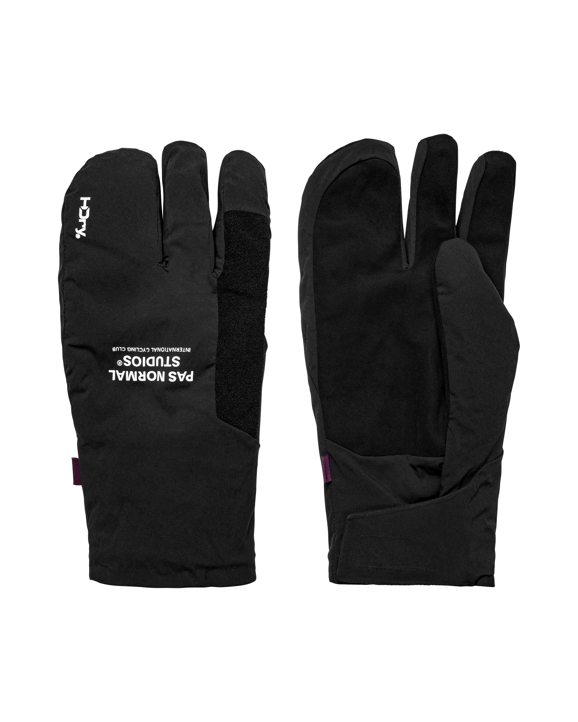 Black Logo Deep Winter Insulated cycling gloves, front and back flat lay pair with three-finger mitten design
