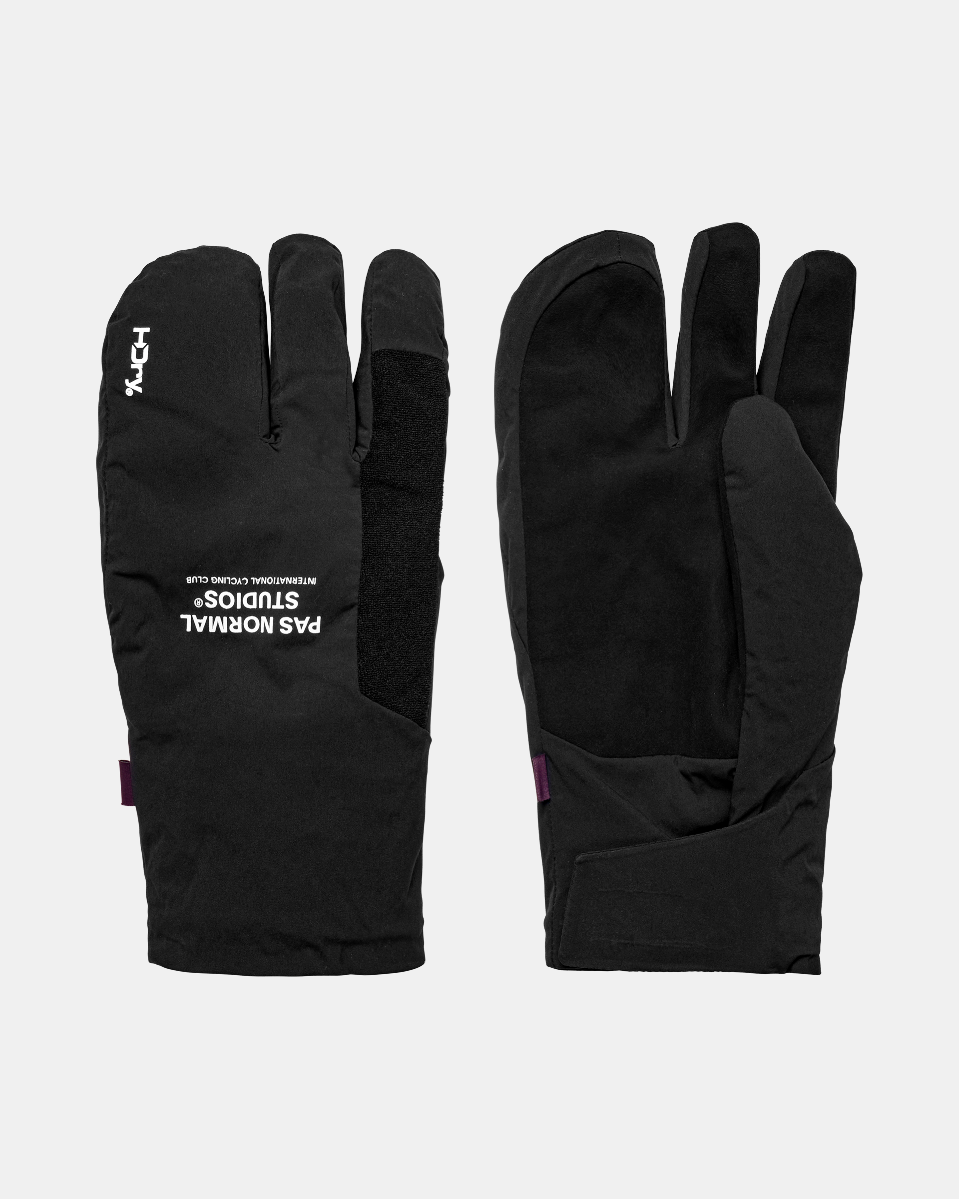 Black Logo Deep Winter Insulated cycling gloves, front and back flat lay pair with three-finger mitten design