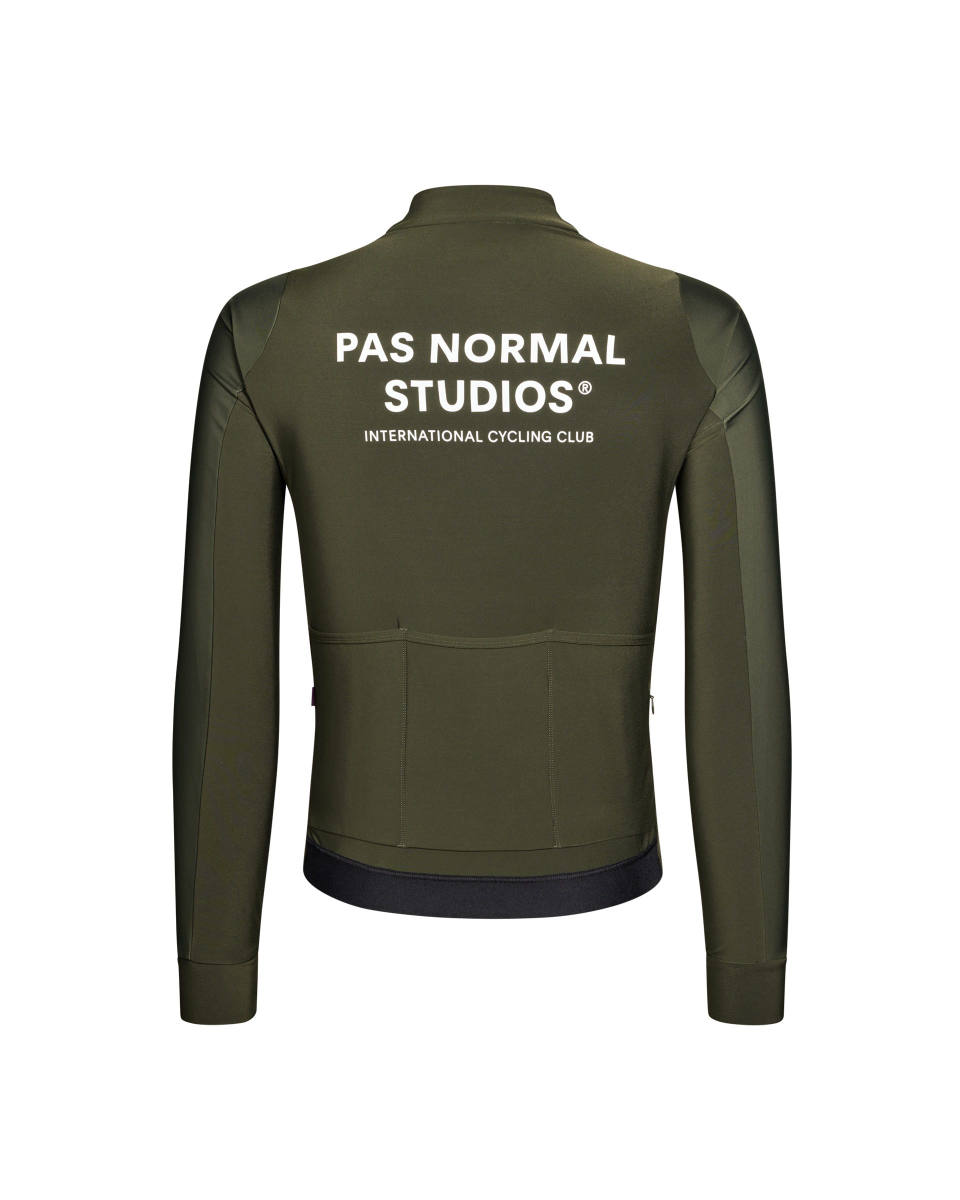 Dark Olive Mechanism Thermal long sleeve cycling jersey, rear view with white back print