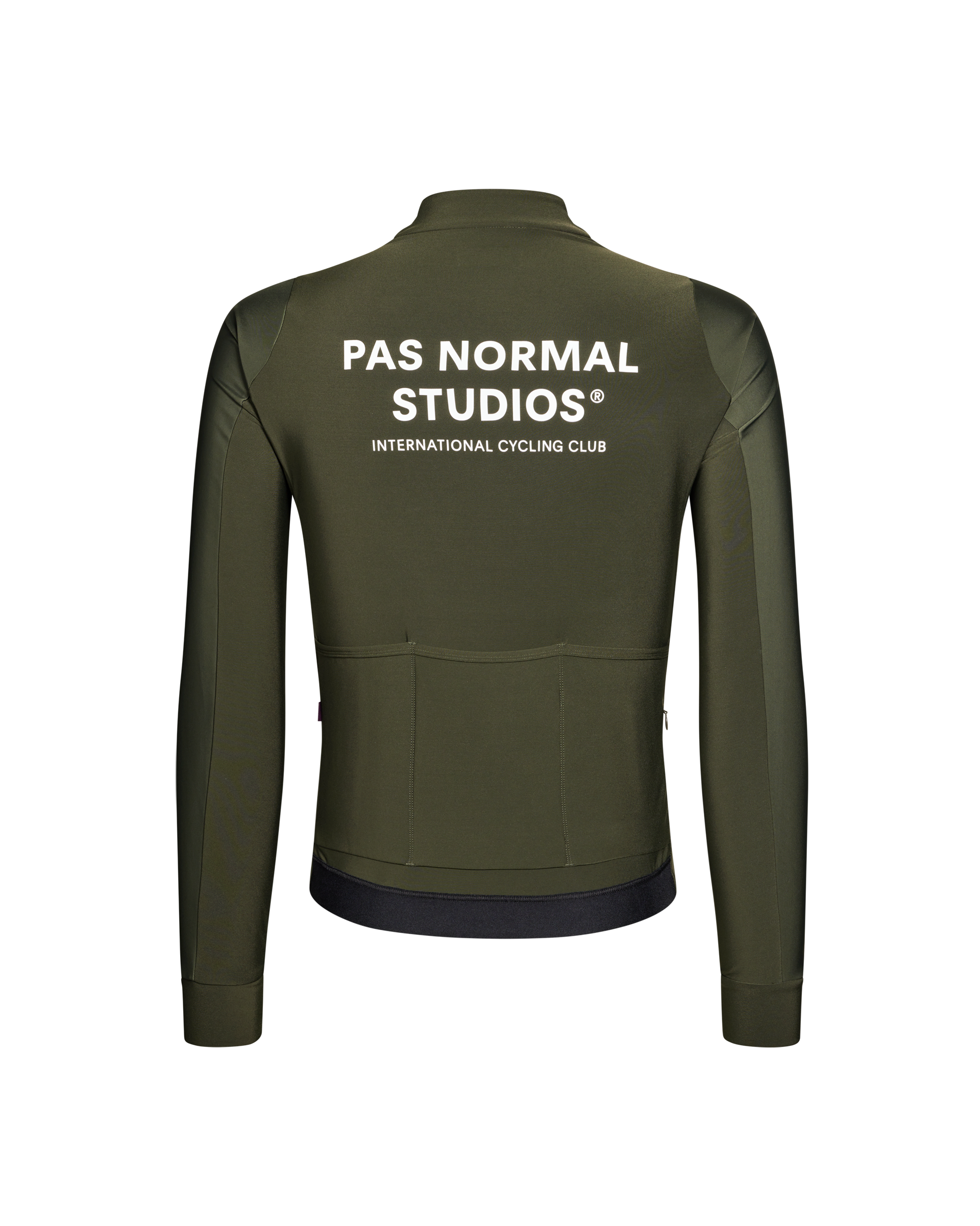Dark Olive Mechanism Thermal long sleeve cycling jersey, rear view with white back print