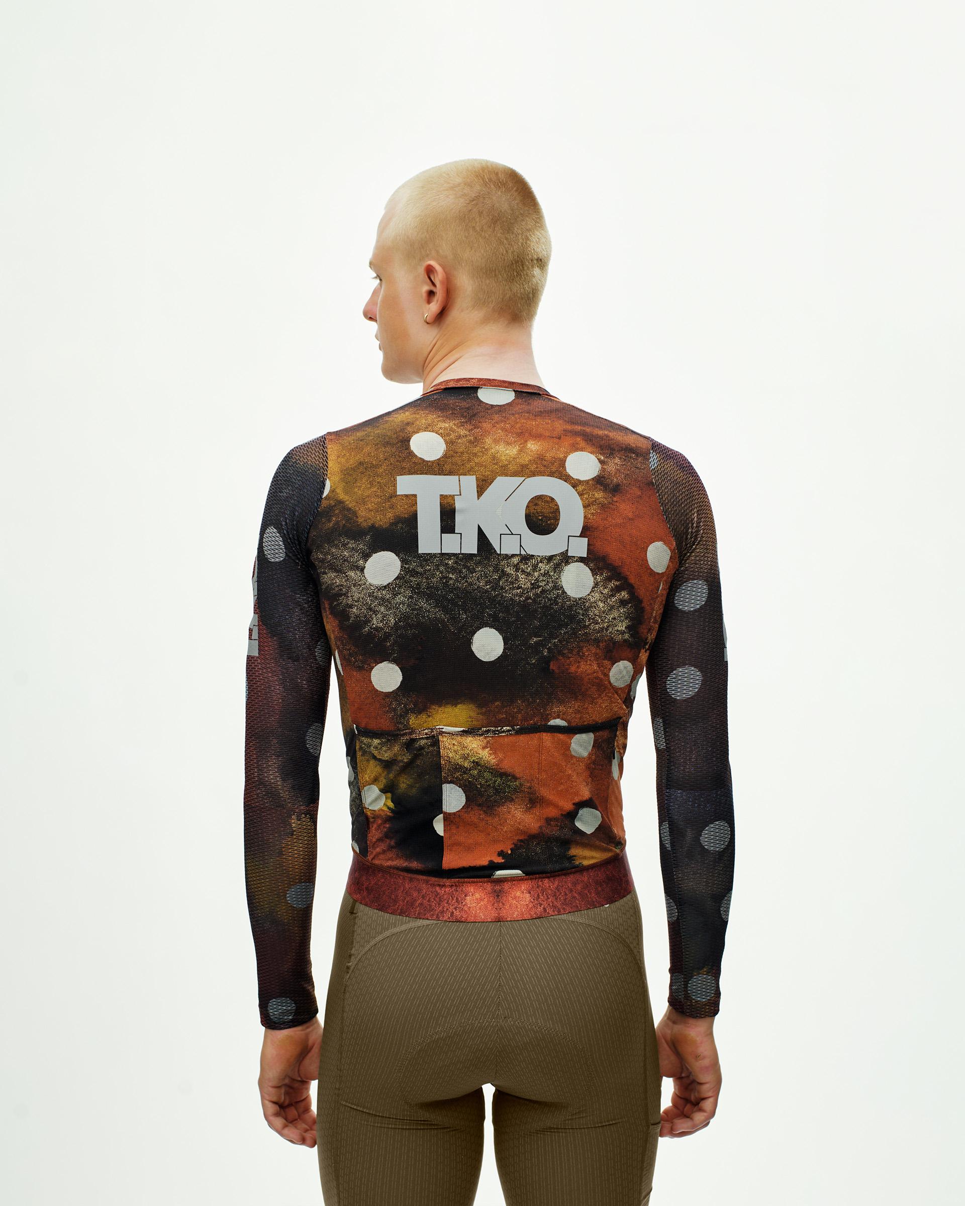 Earth T.K.O. Essential Light long sleeve cycling jersey, rear view with abstract print and white polka dots