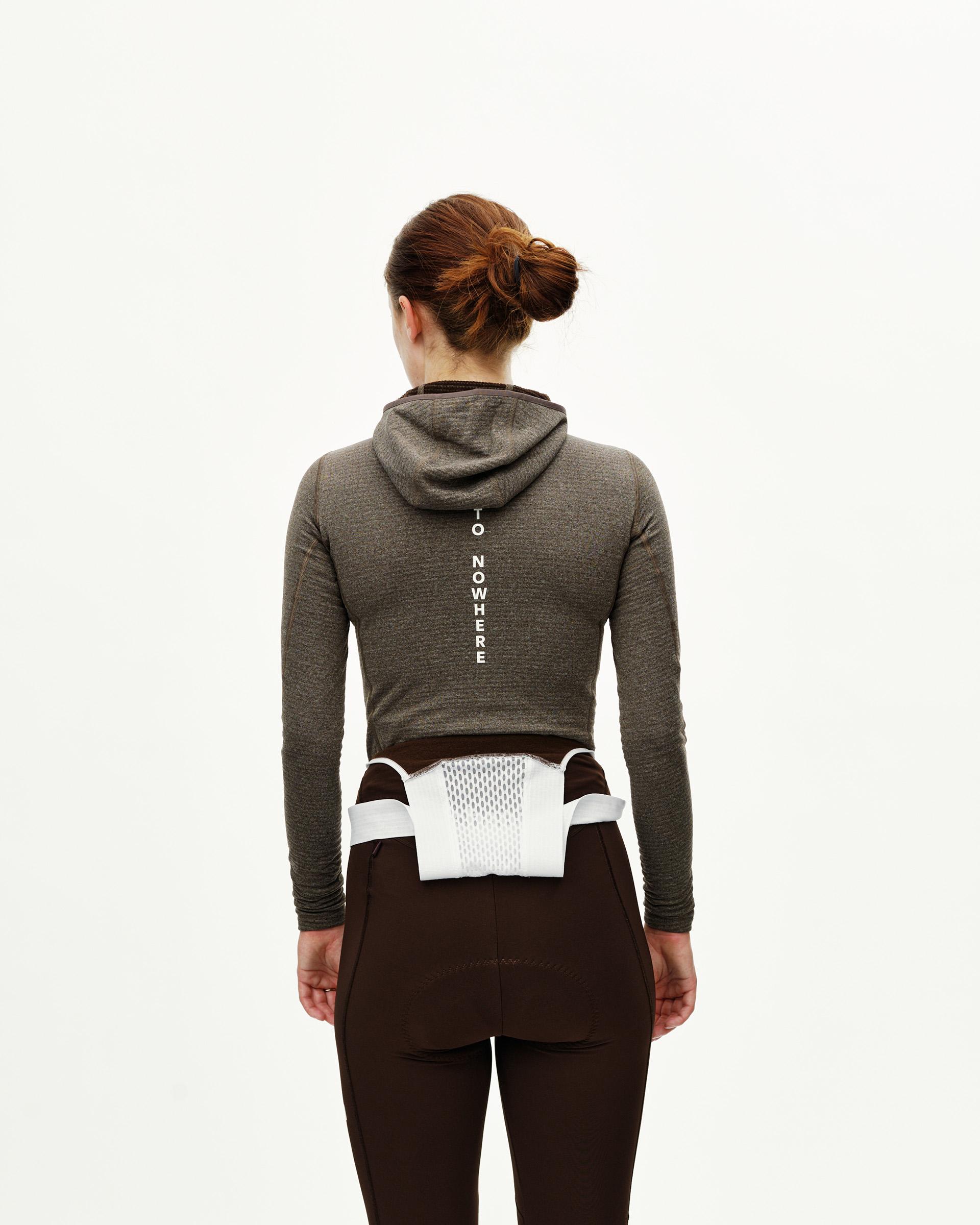 Dark Coffee women's thermal hooded baselayer windproof, rear view on model with TO NOWHERE back print