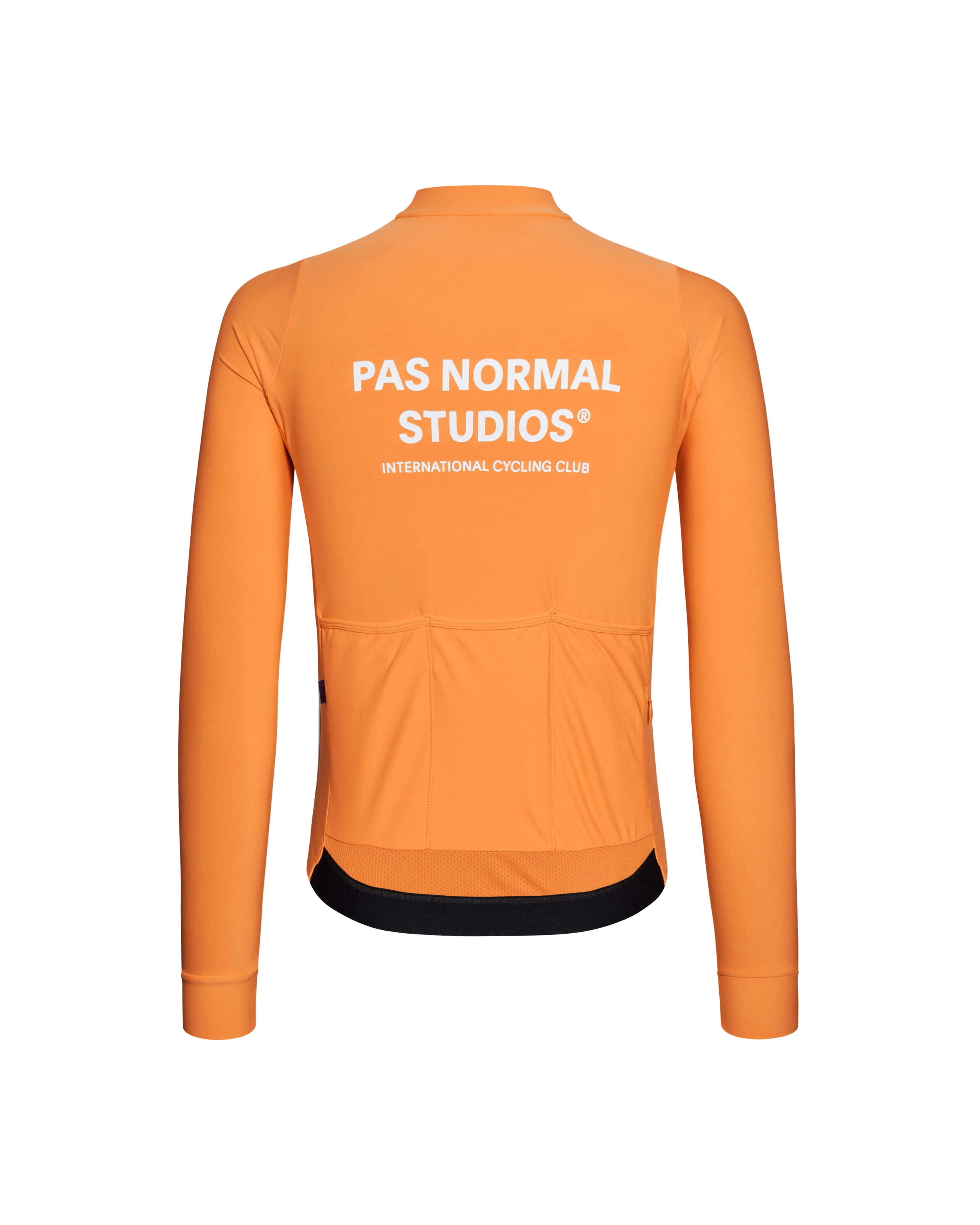 Orange Mechanism long sleeve cycling jersey, rear view with white back print