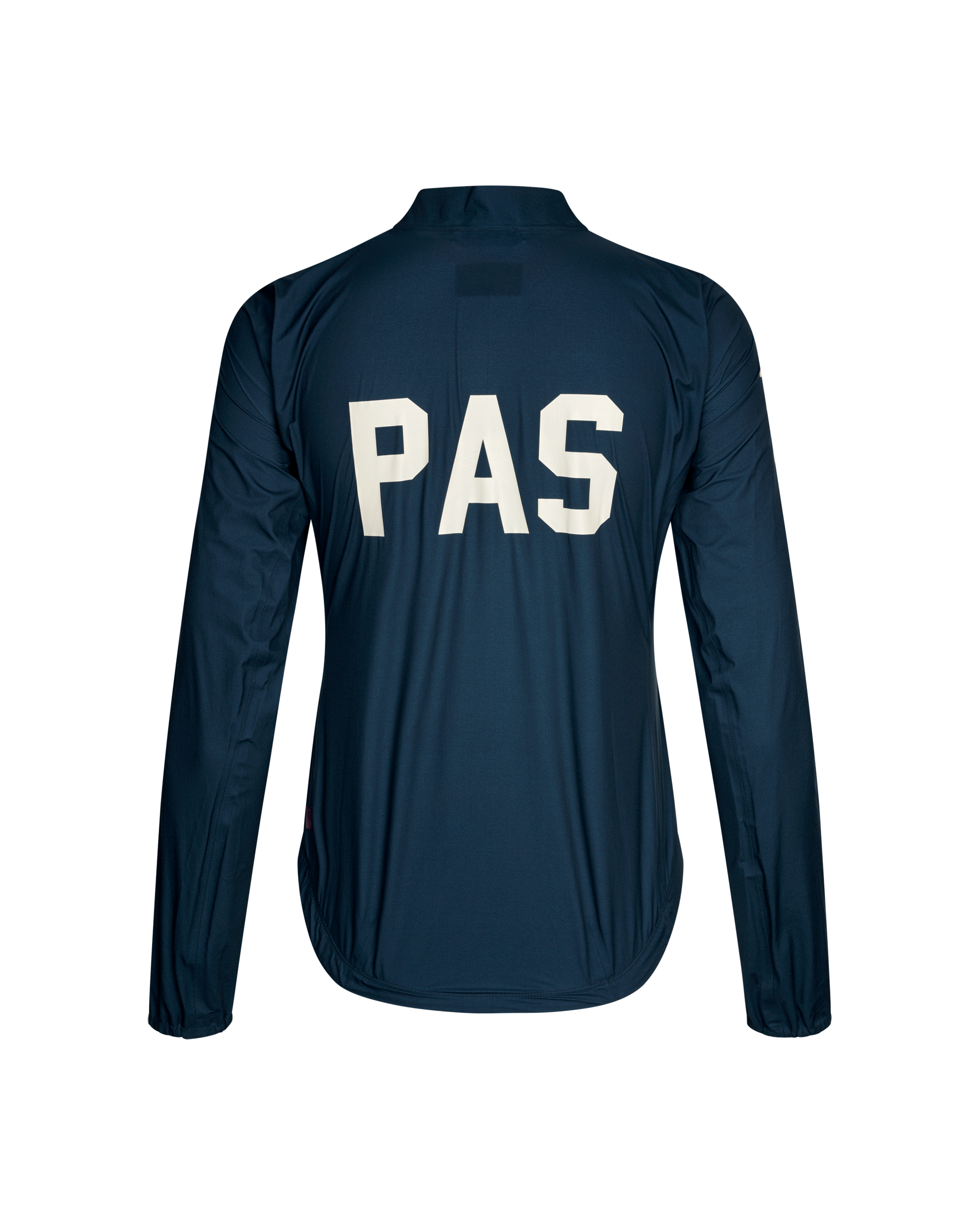 Navy PAS Mechanism Rain cycling jacket, rear view with white back logo