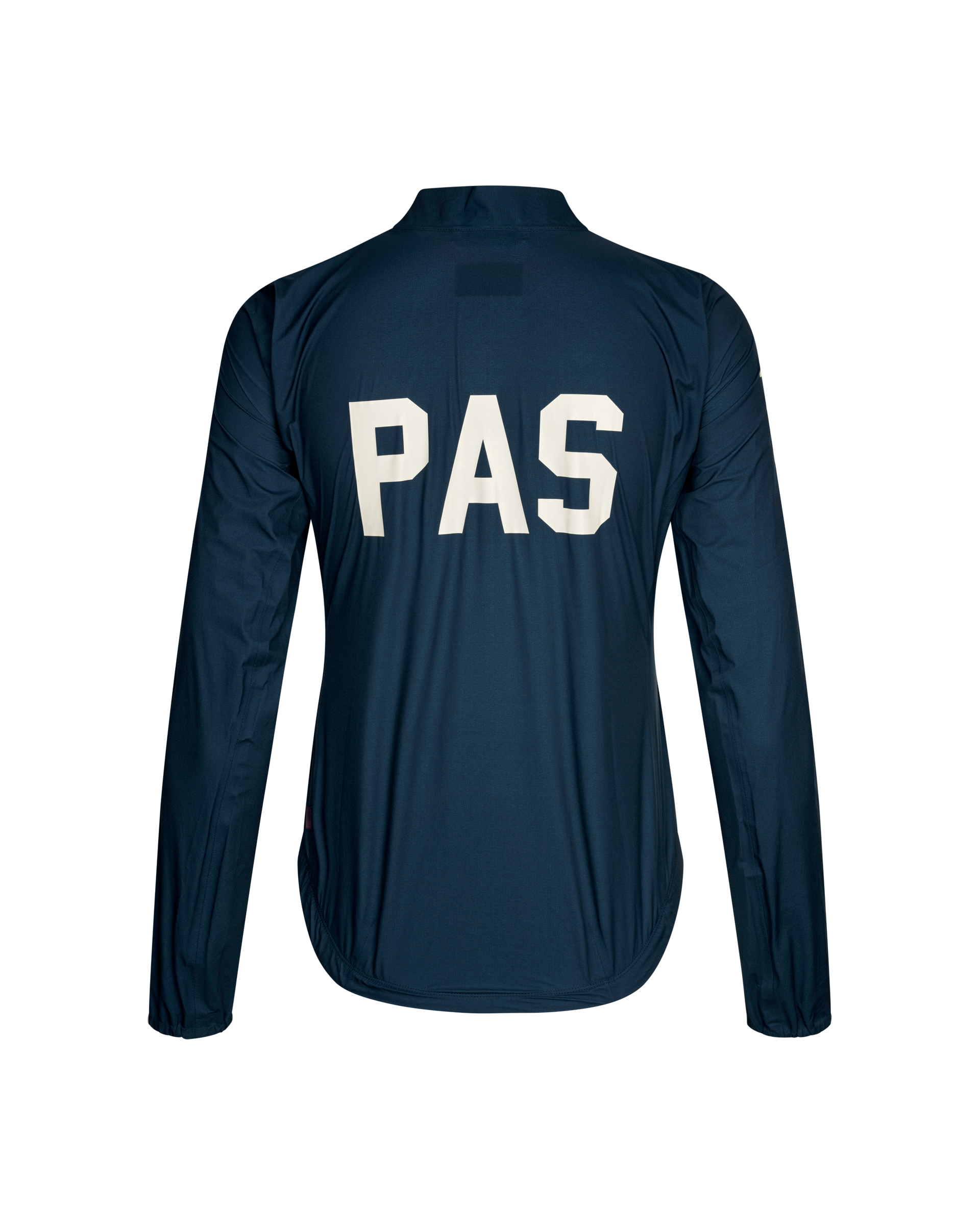 Navy PAS Mechanism Rain cycling jacket, rear view with white back logo