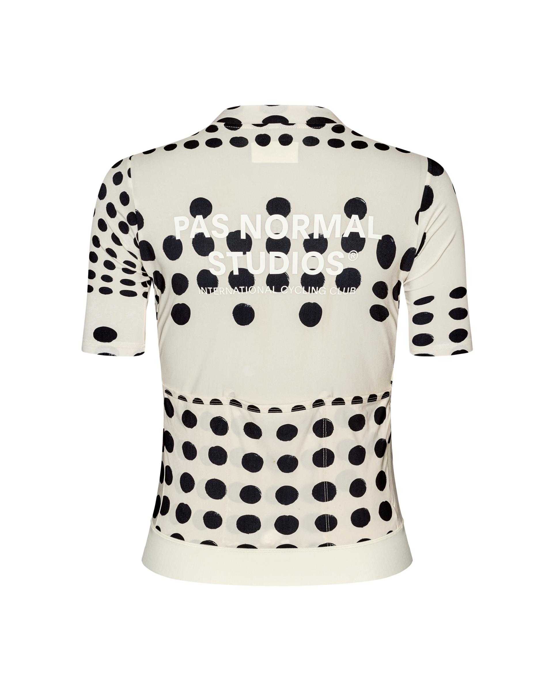 Off White Essential cycling jersey, rear flat lay with all-over black dot print and rear pockets
