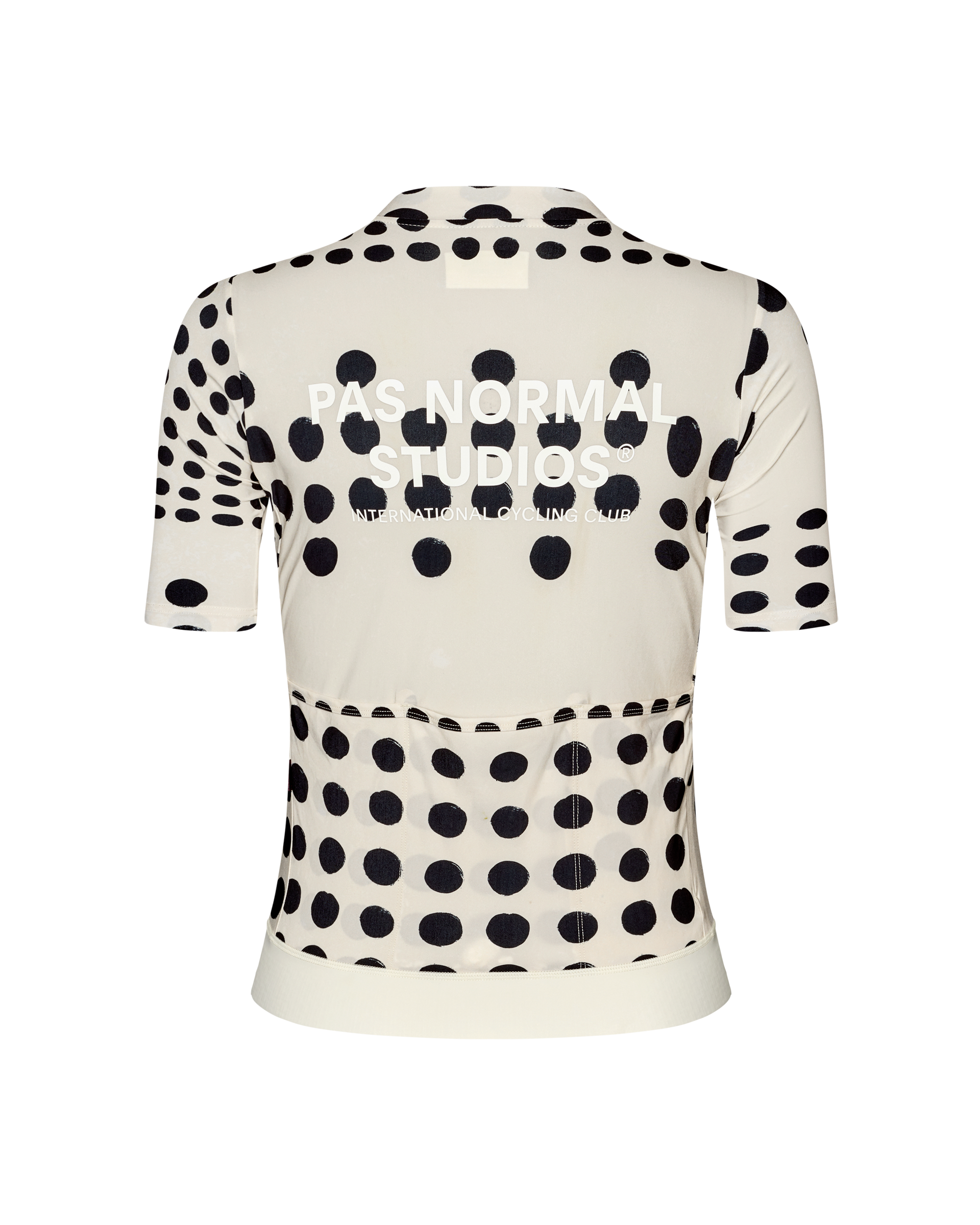Off White Essential cycling jersey, rear flat lay with all-over black dot print and rear pockets