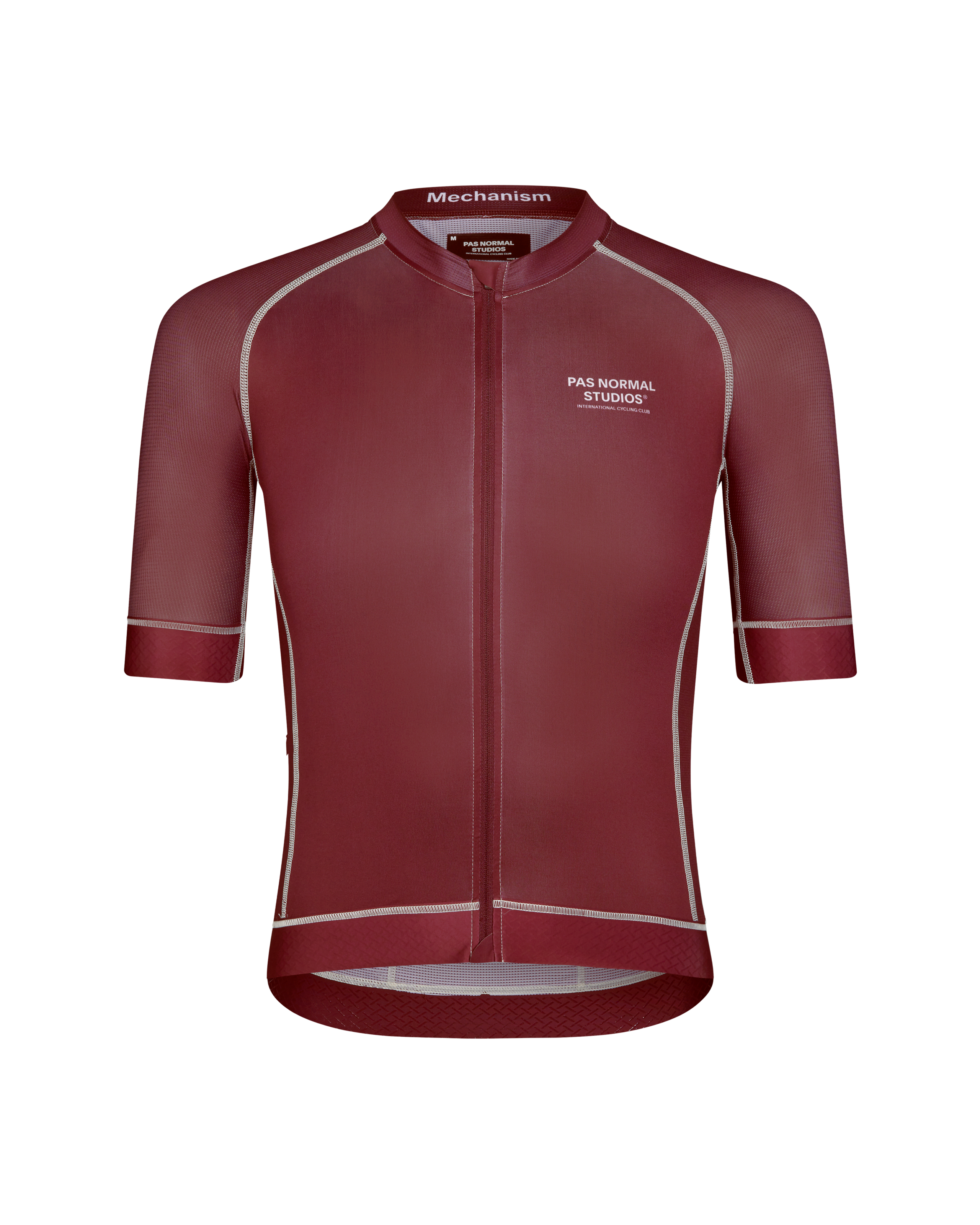Burgundy Mechanism cycling jersey, front view with contrast stitching