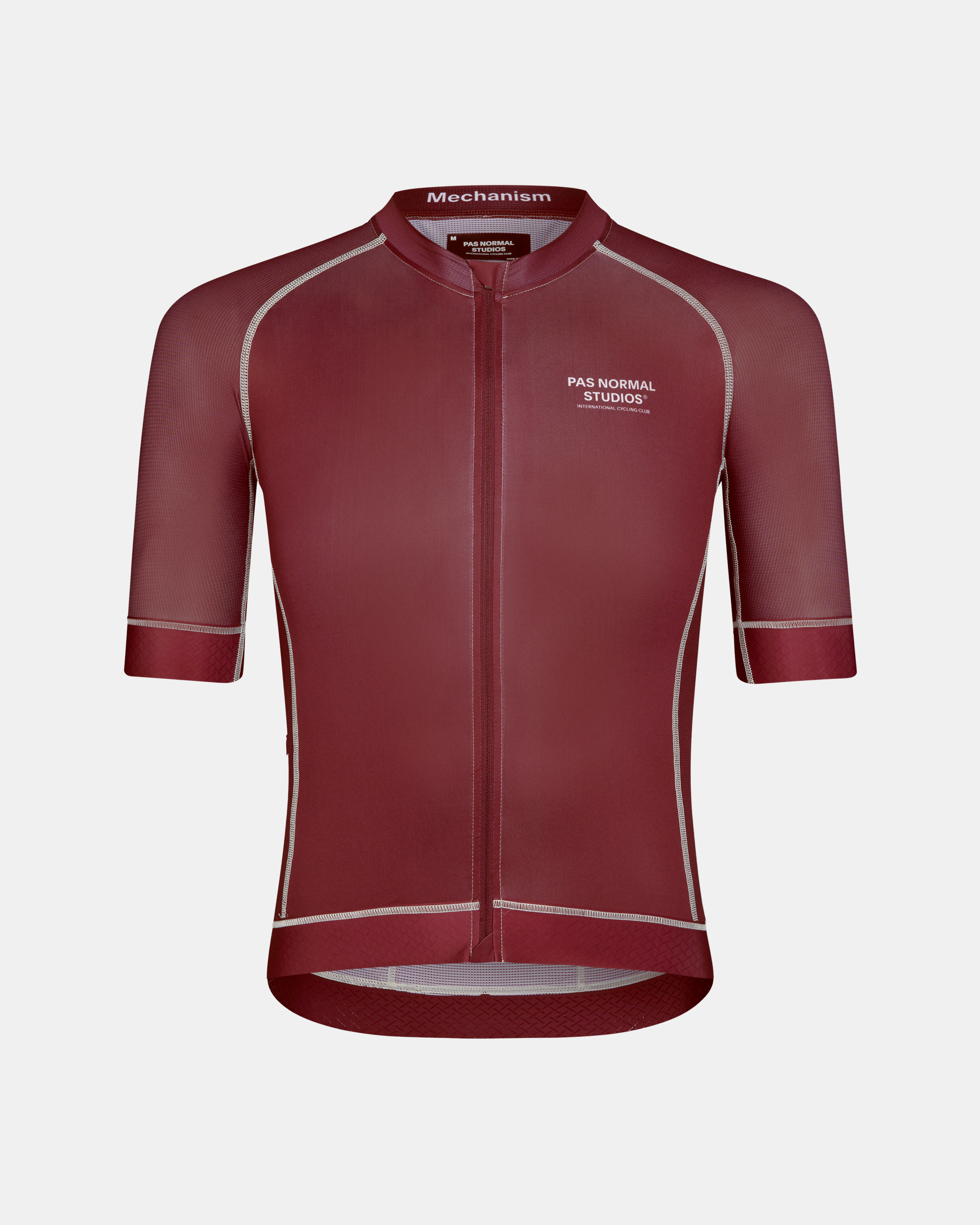 Burgundy Mechanism cycling jersey, front view with contrast stitching