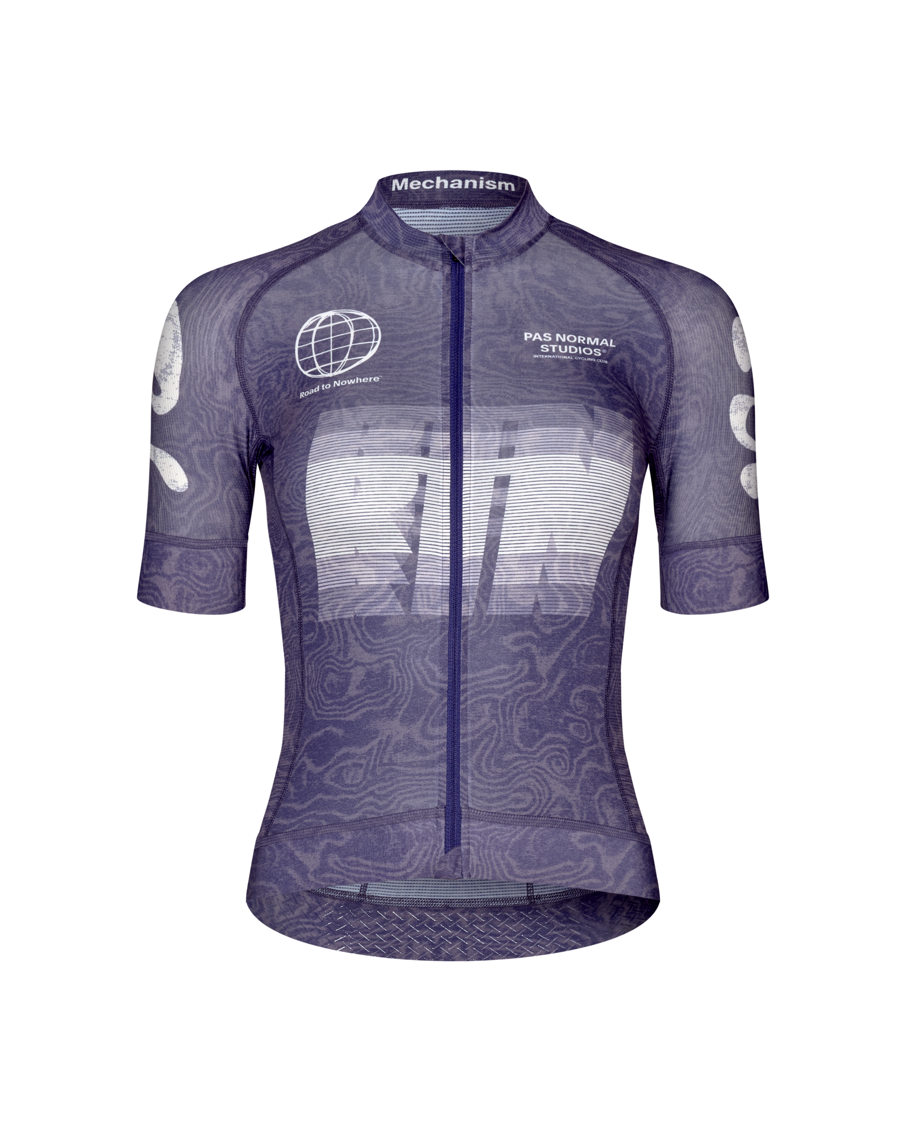 Purple Mechanism Logo women's cycling jersey, front flat lay with topographic allover print and white chest graphic
