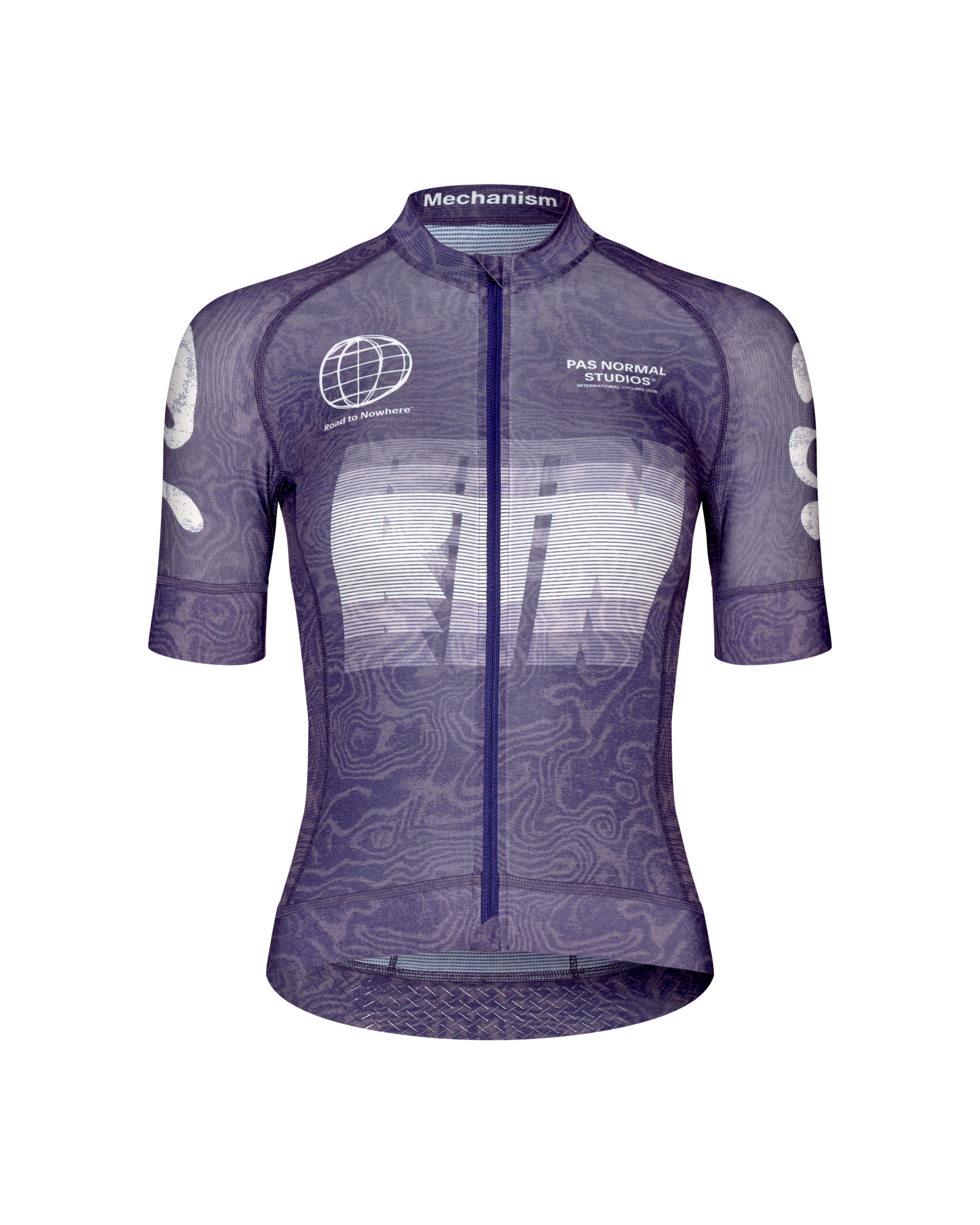 Purple Mechanism Logo women's cycling jersey, front flat lay with topographic allover print and white chest graphic