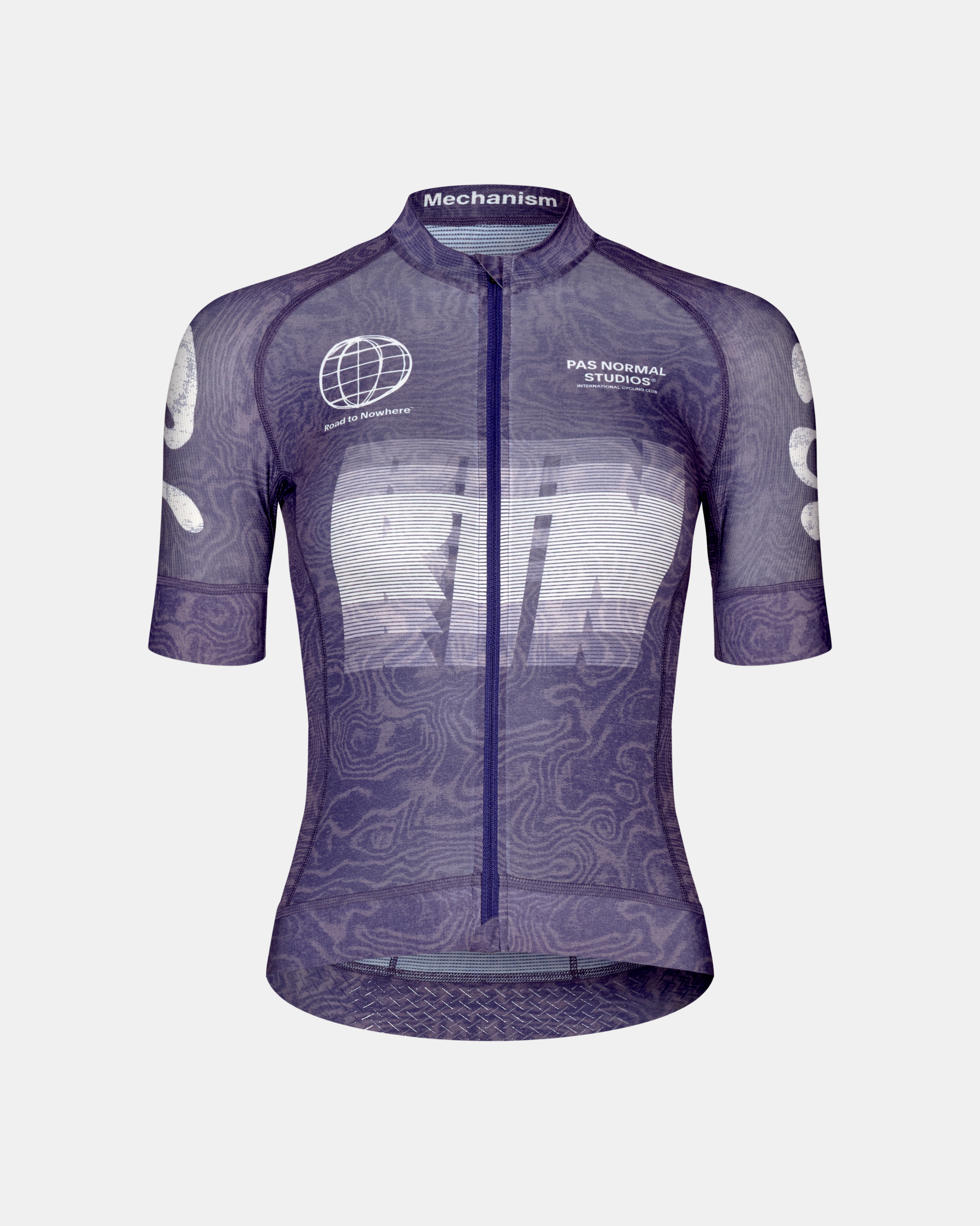 Purple Mechanism Logo women's cycling jersey, front flat lay with topographic allover print and white chest graphic