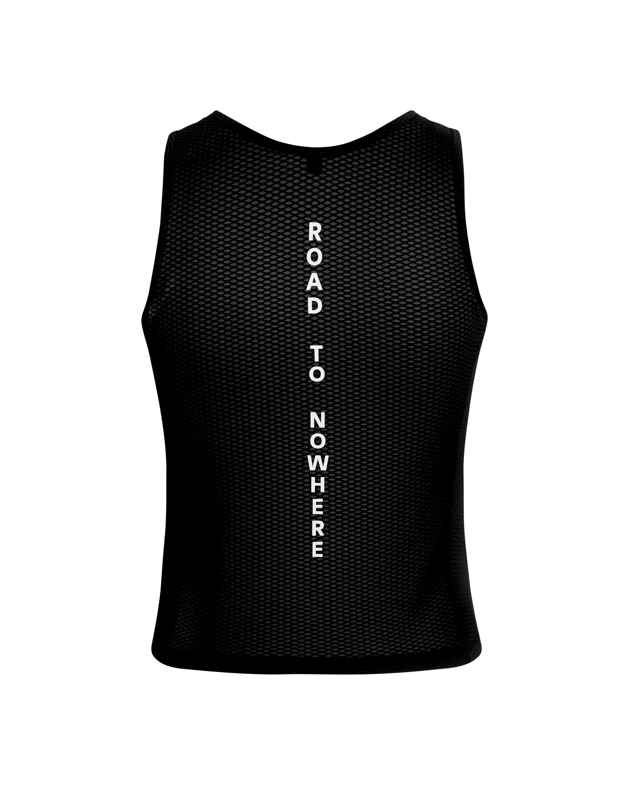 Black Mechanism sleeveless base layer, front flat lay with mesh fabric and white vertical text