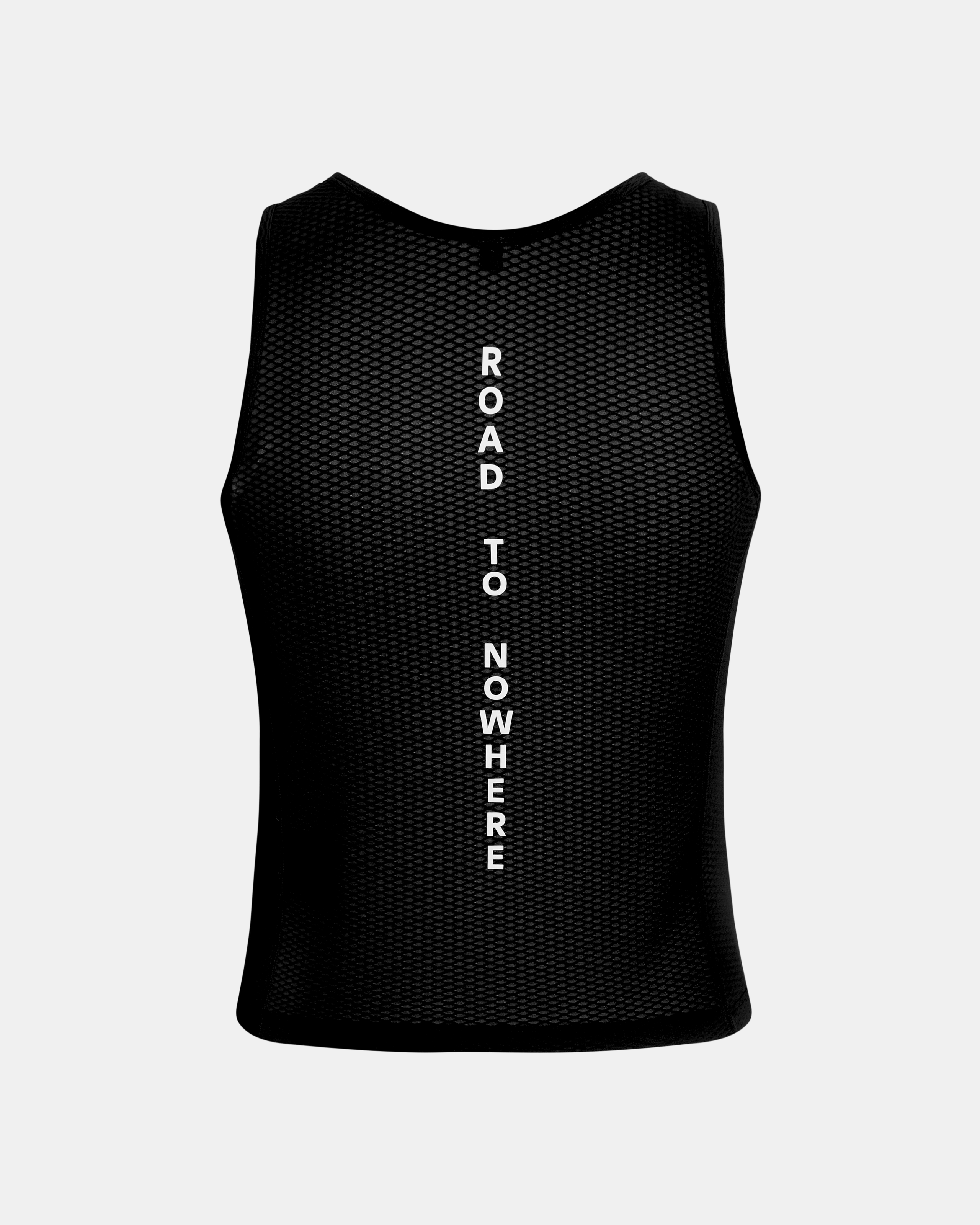 Black Mechanism sleeveless base layer, front flat lay with mesh fabric and white vertical text