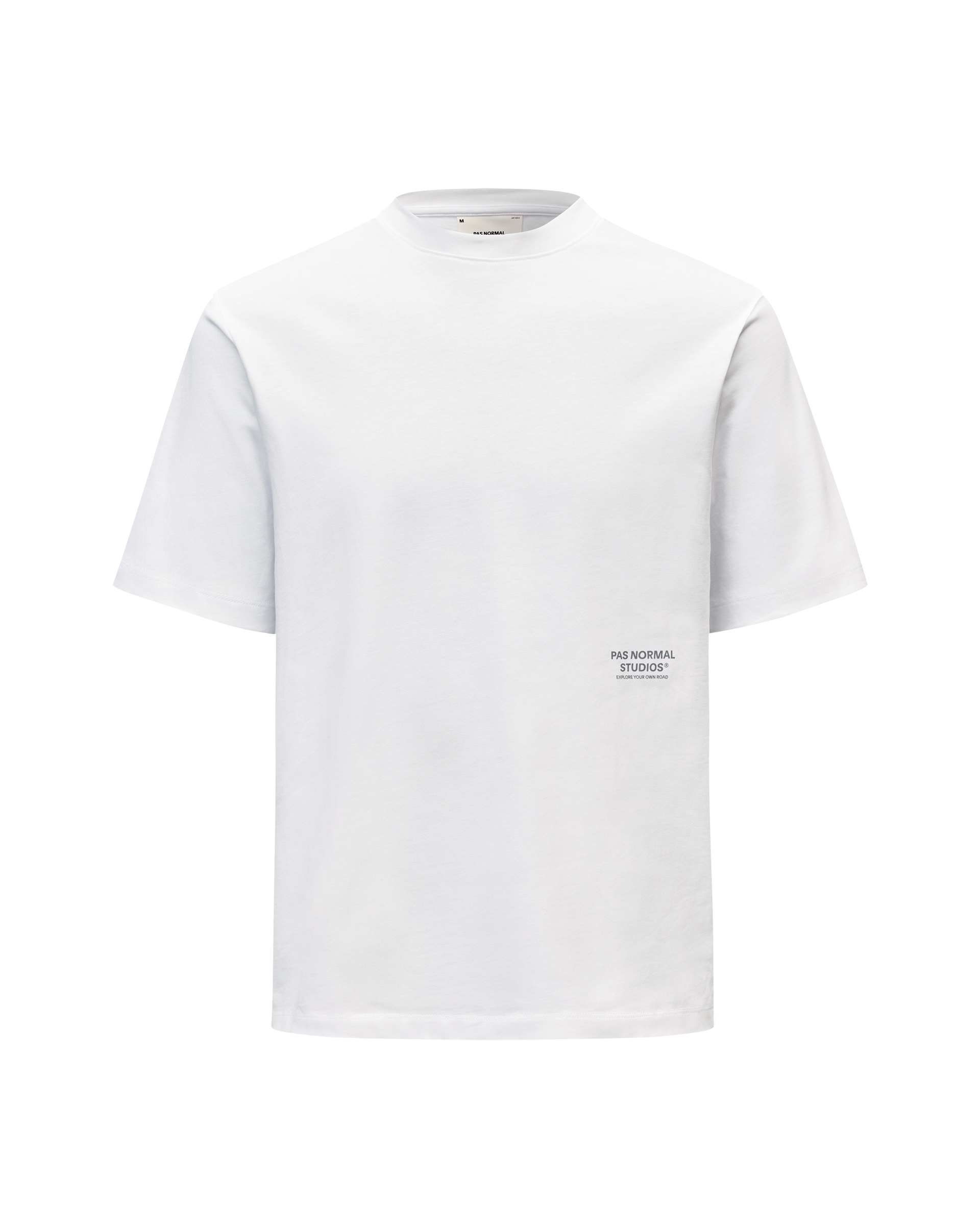 White Off-Race Graphic T-shirt, front flat lay with small chest logo print