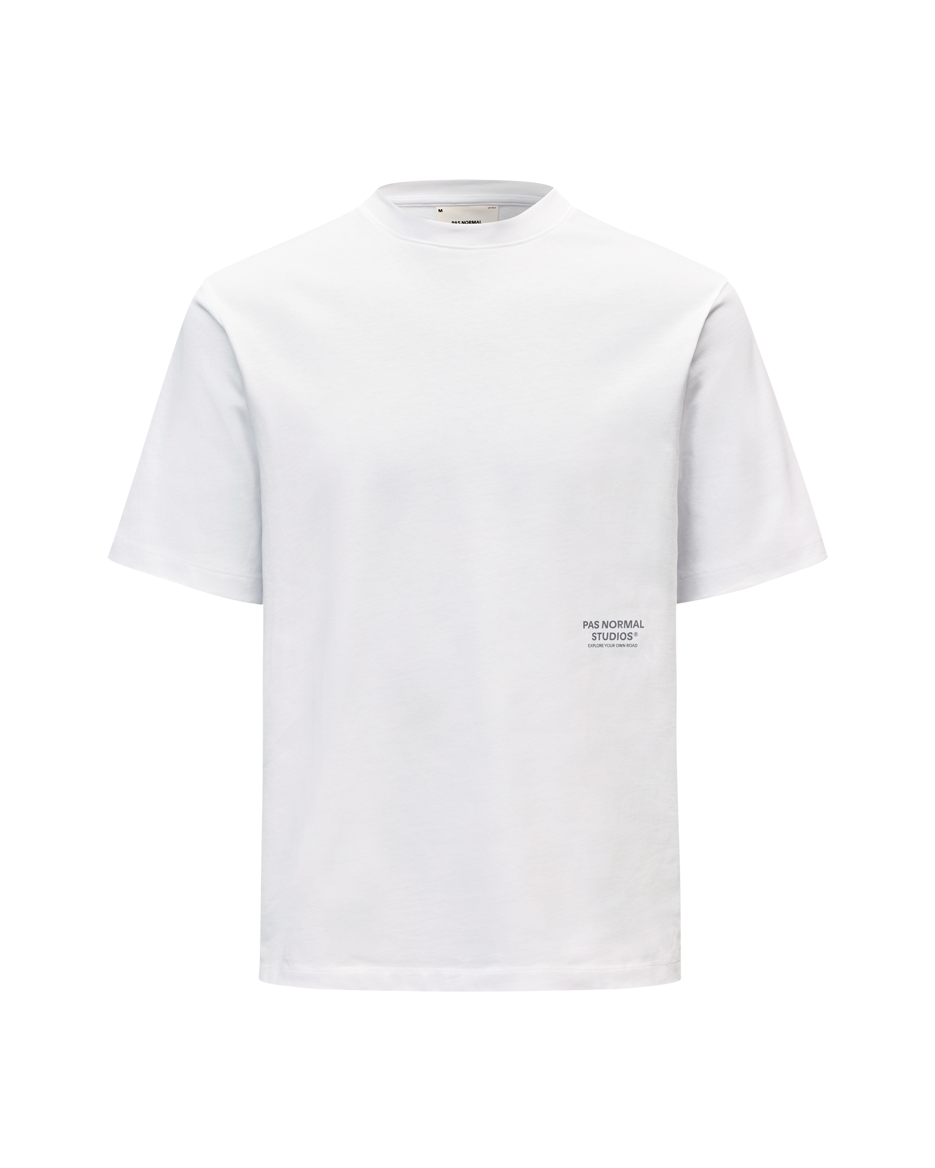 White Off-Race Graphic T-shirt, front flat lay with small chest logo print