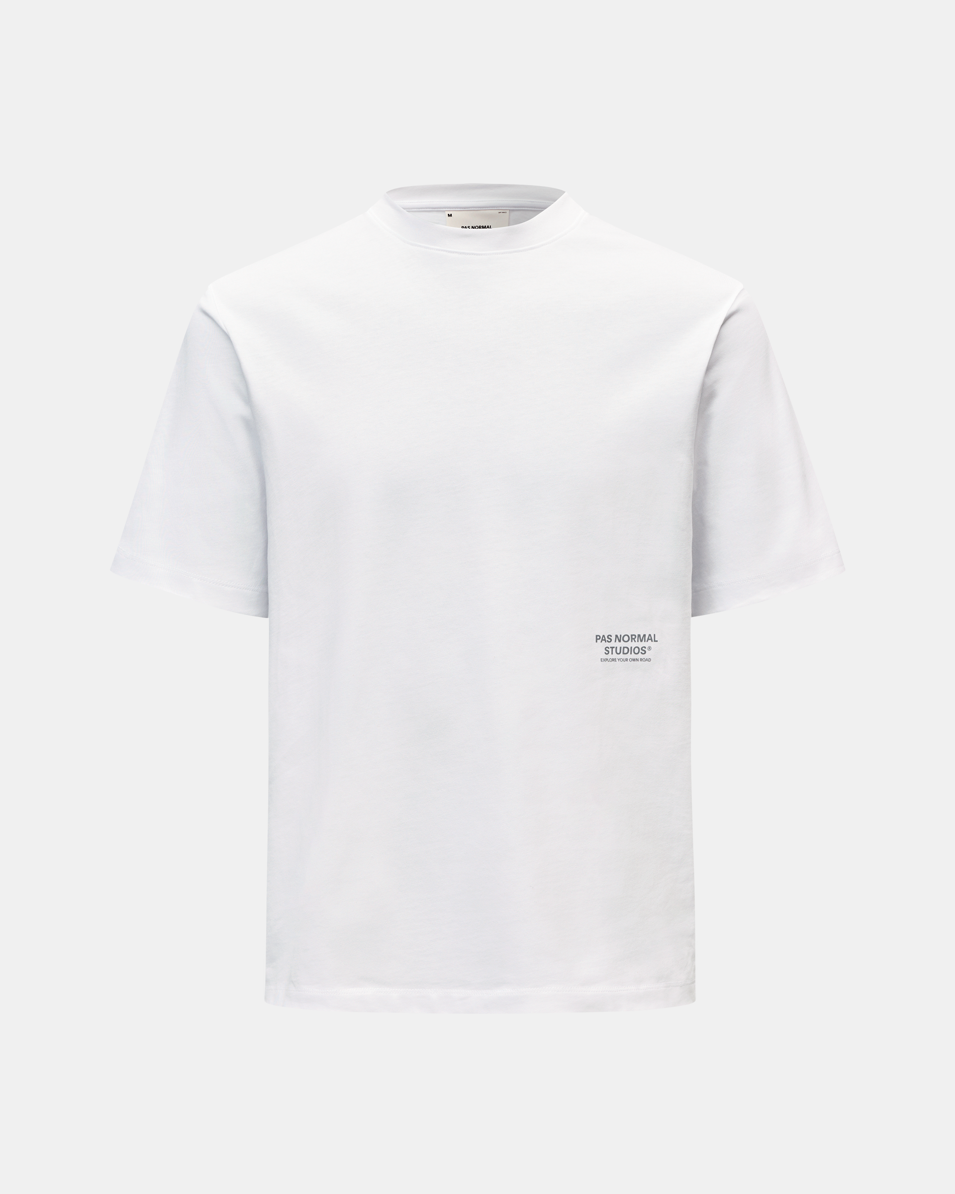 White Off-Race Graphic T-shirt, front flat lay with small chest logo print