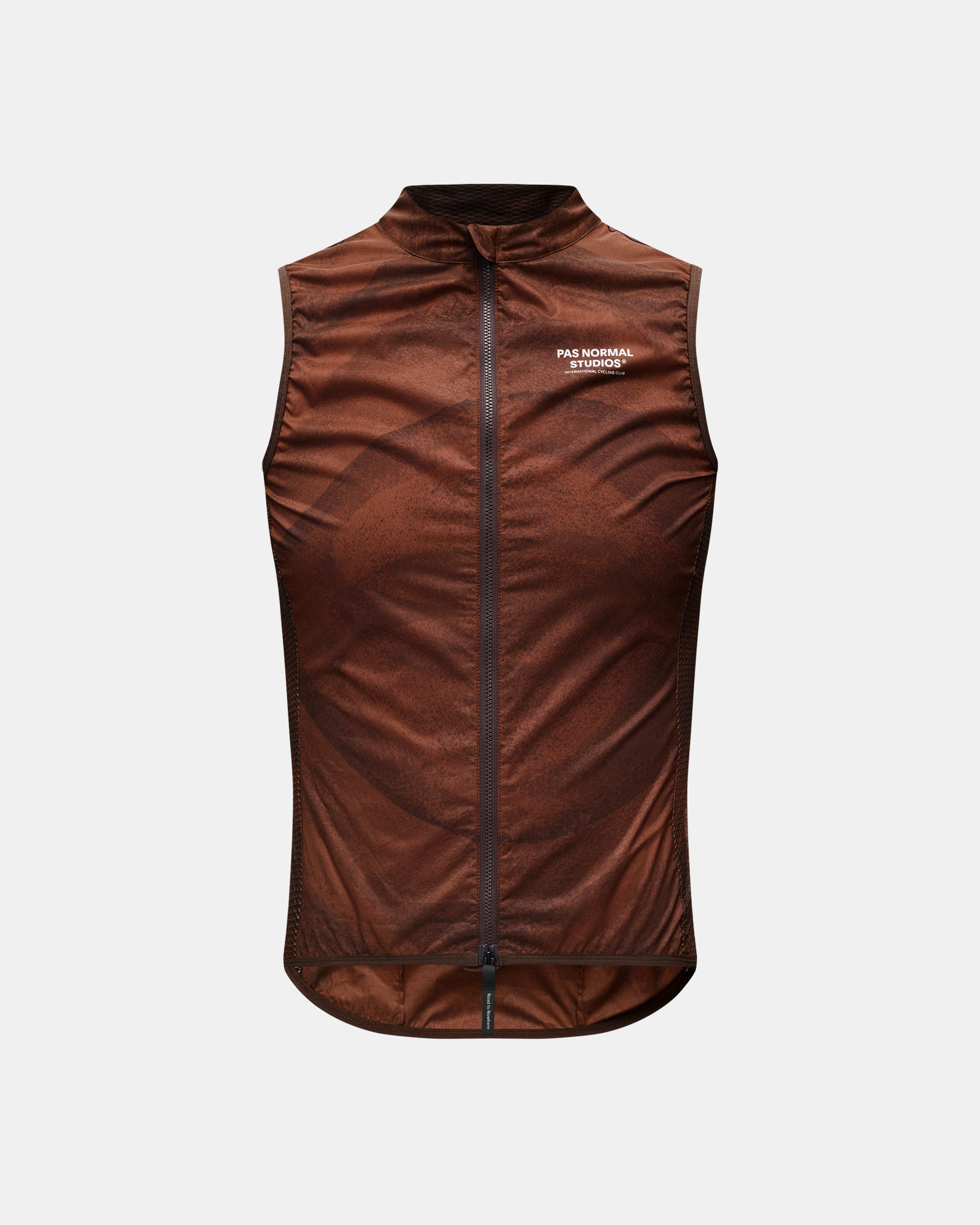 Light Brown Mechanism Stow Away cycling gilet, front view with full zip and white chest logo