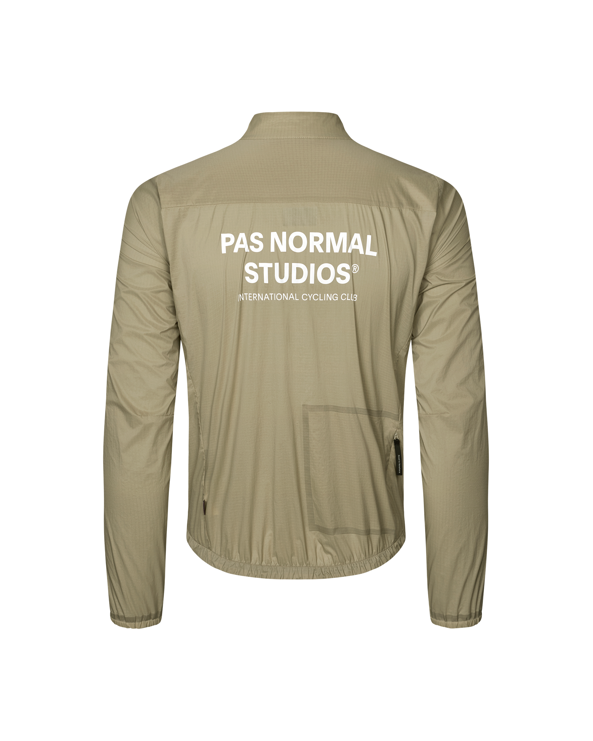 Grey Sage Essential Insulated cycling jacket, rear flat lay with white back logo print