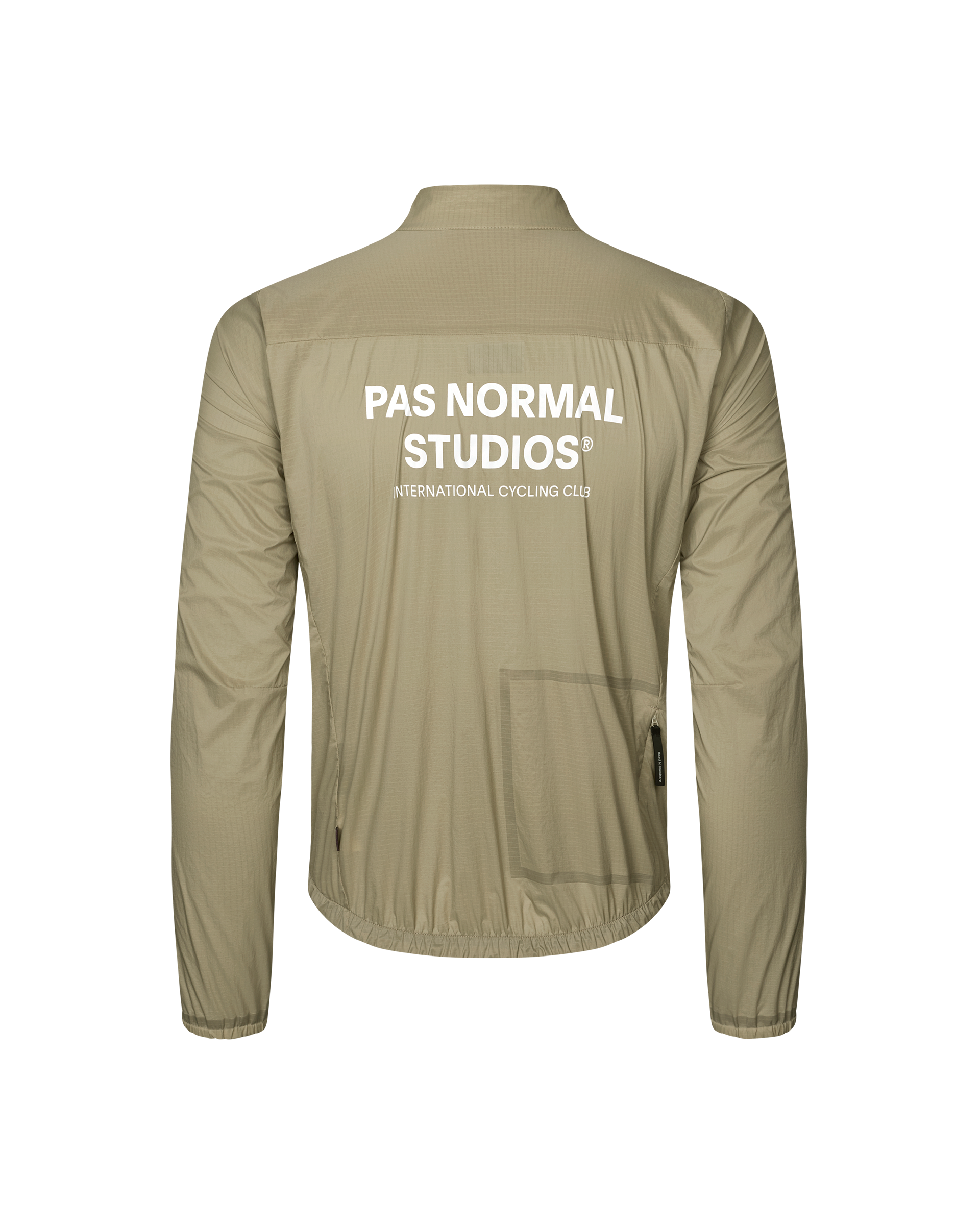 Grey Sage Essential Insulated cycling jacket, rear flat lay with white back logo print