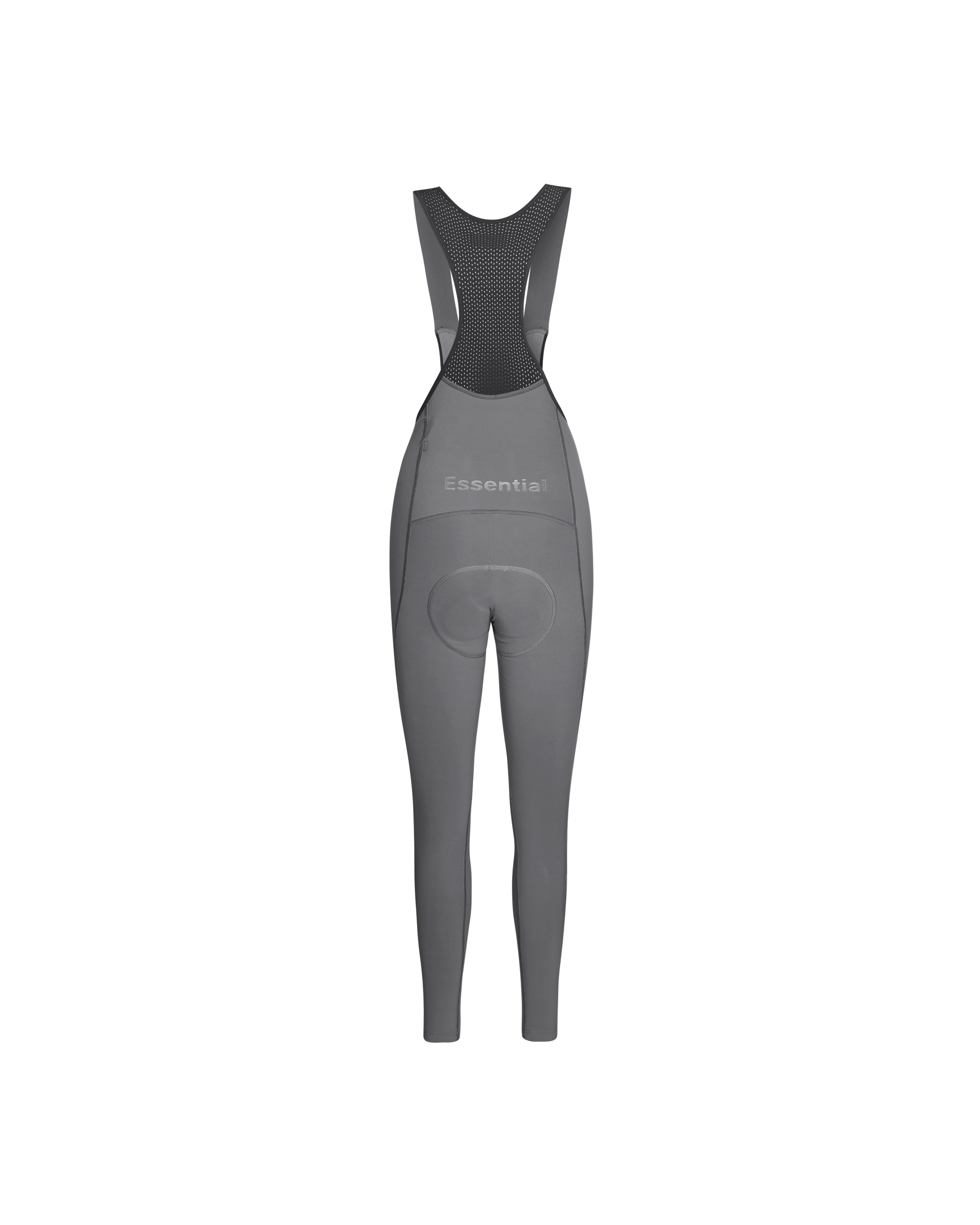Grey Essential Thermal Long cycling bibs, front flat lay with mesh bib straps