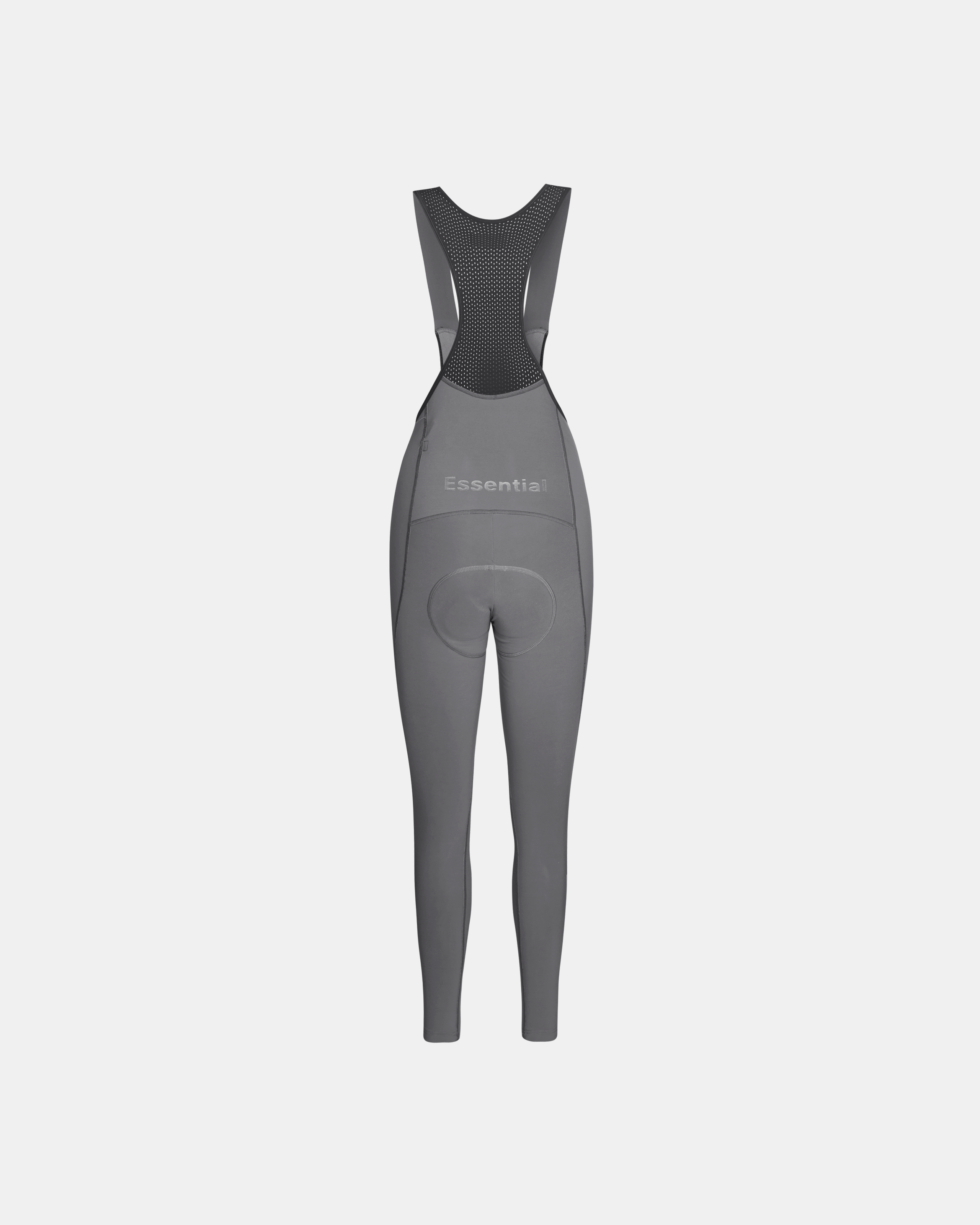 Grey Essential Thermal Long cycling bibs, front flat lay with mesh bib straps