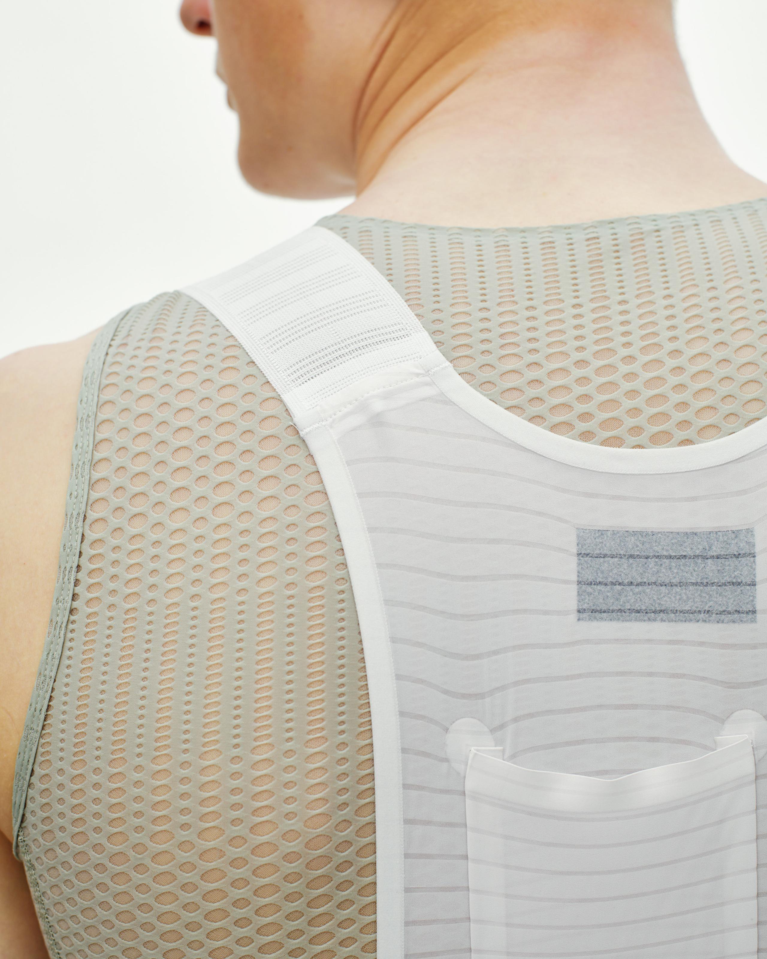 Grey PAS Mechanism Pro bibs, rear detail view showing mesh back panel and white bib straps