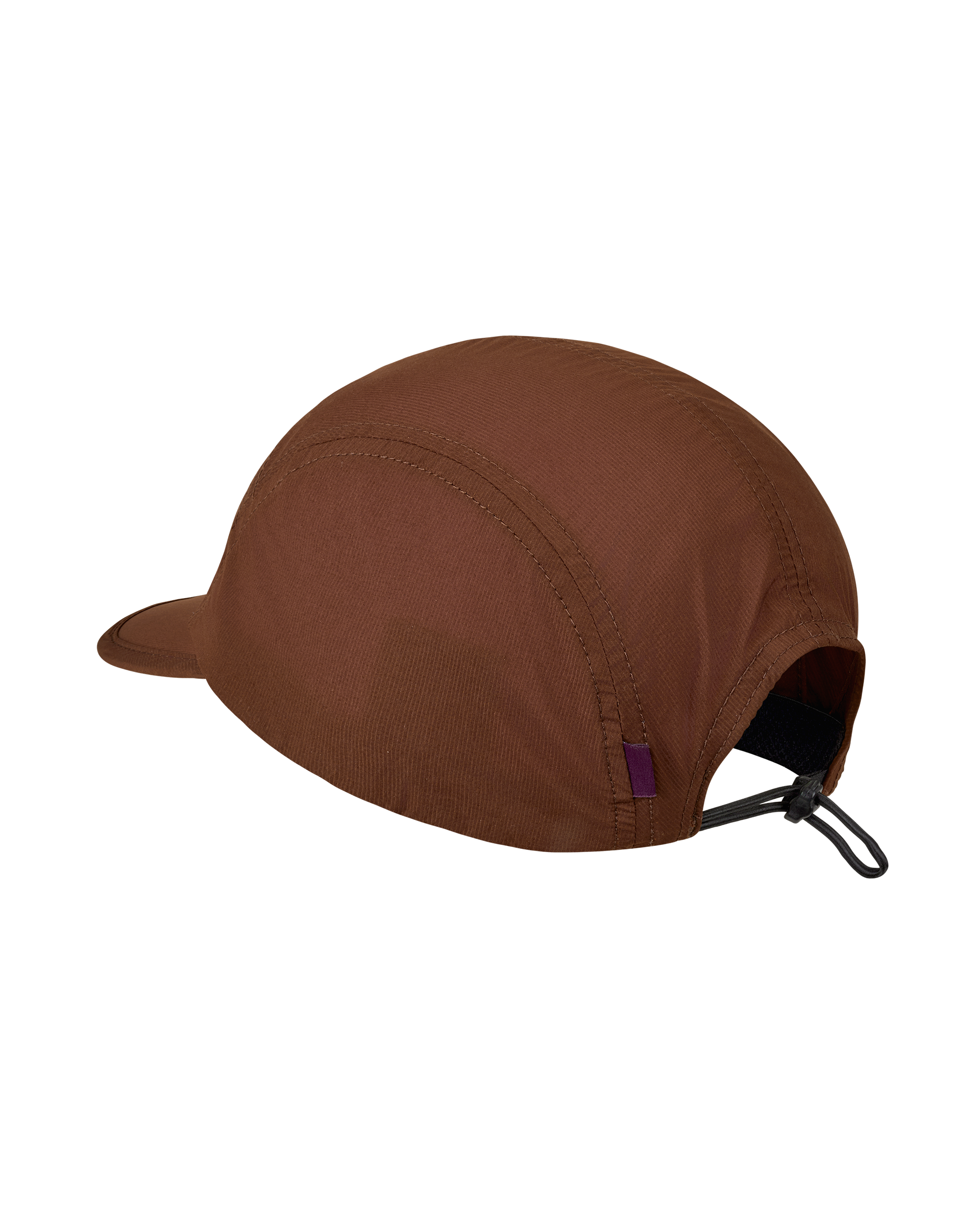 Maroon Brown Balance cap, three-quarter side view with cord adjuster and purple woven tab