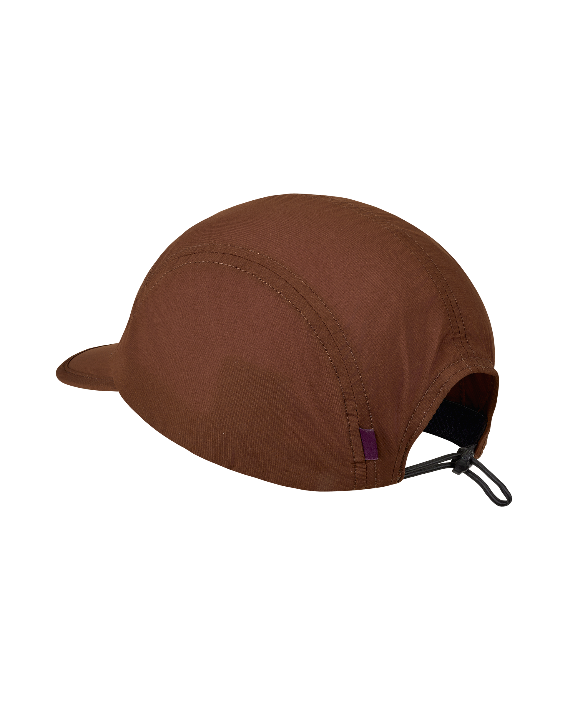 Maroon Brown Balance cap, three-quarter side view with cord adjuster and purple woven tab