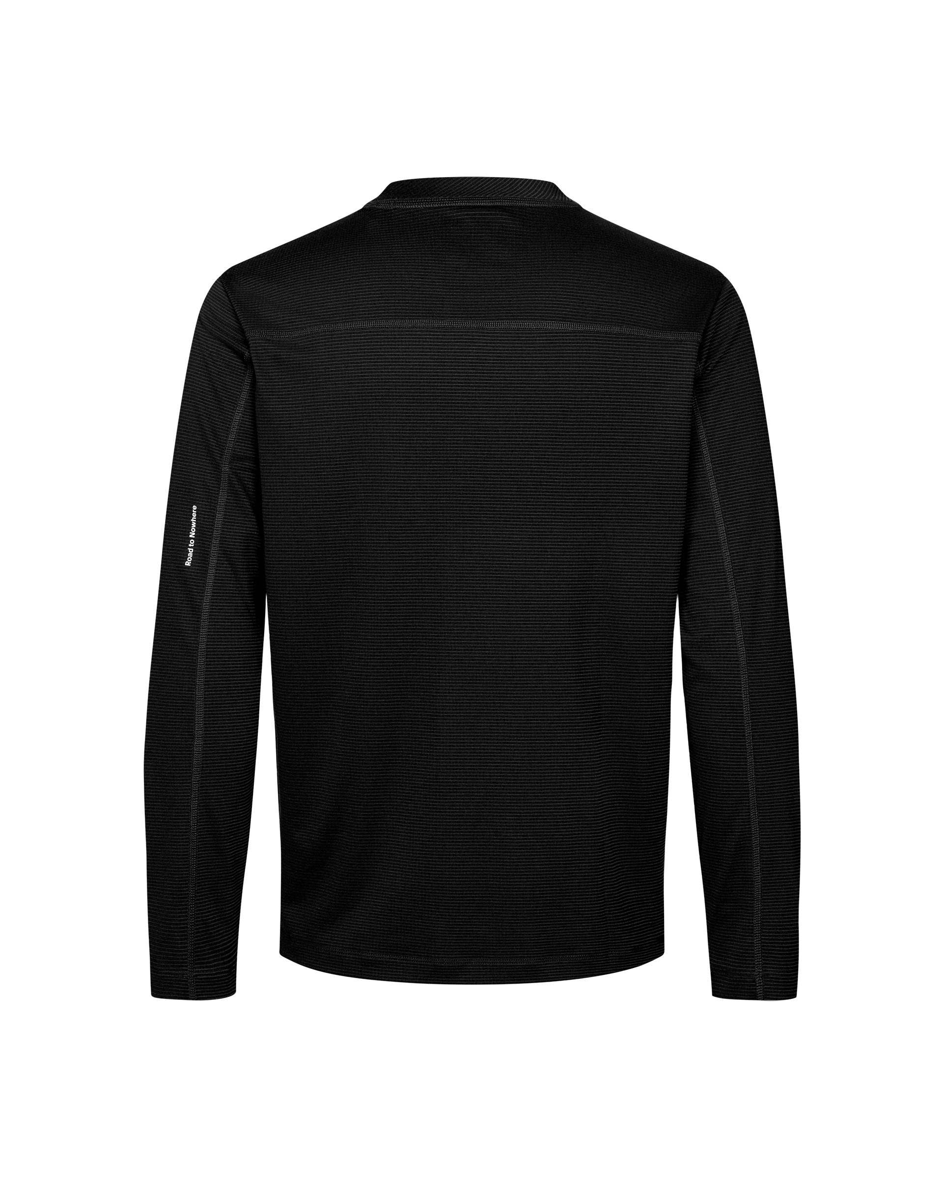 Black Balance Long Sleeve T-Shirt, rear flat lay with textured stripe fabric and sleeve label