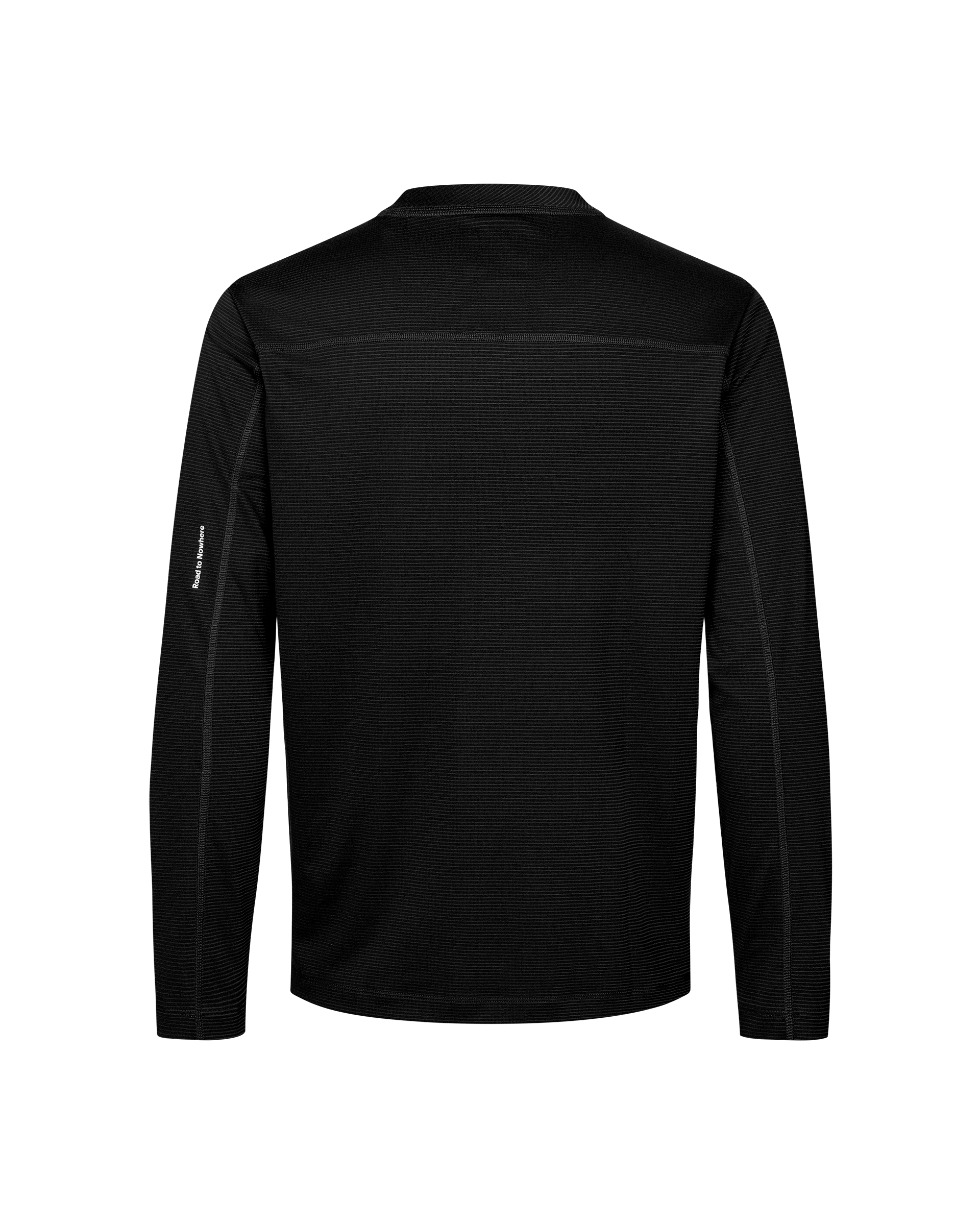 Black Balance Long Sleeve T-Shirt, rear flat lay with textured stripe fabric and sleeve label