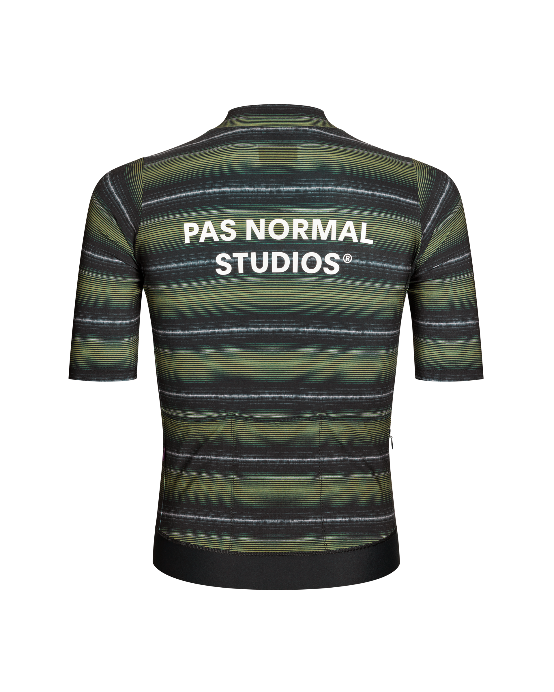 Light Olive Essential cycling jersey, rear view with horizontal striped pattern