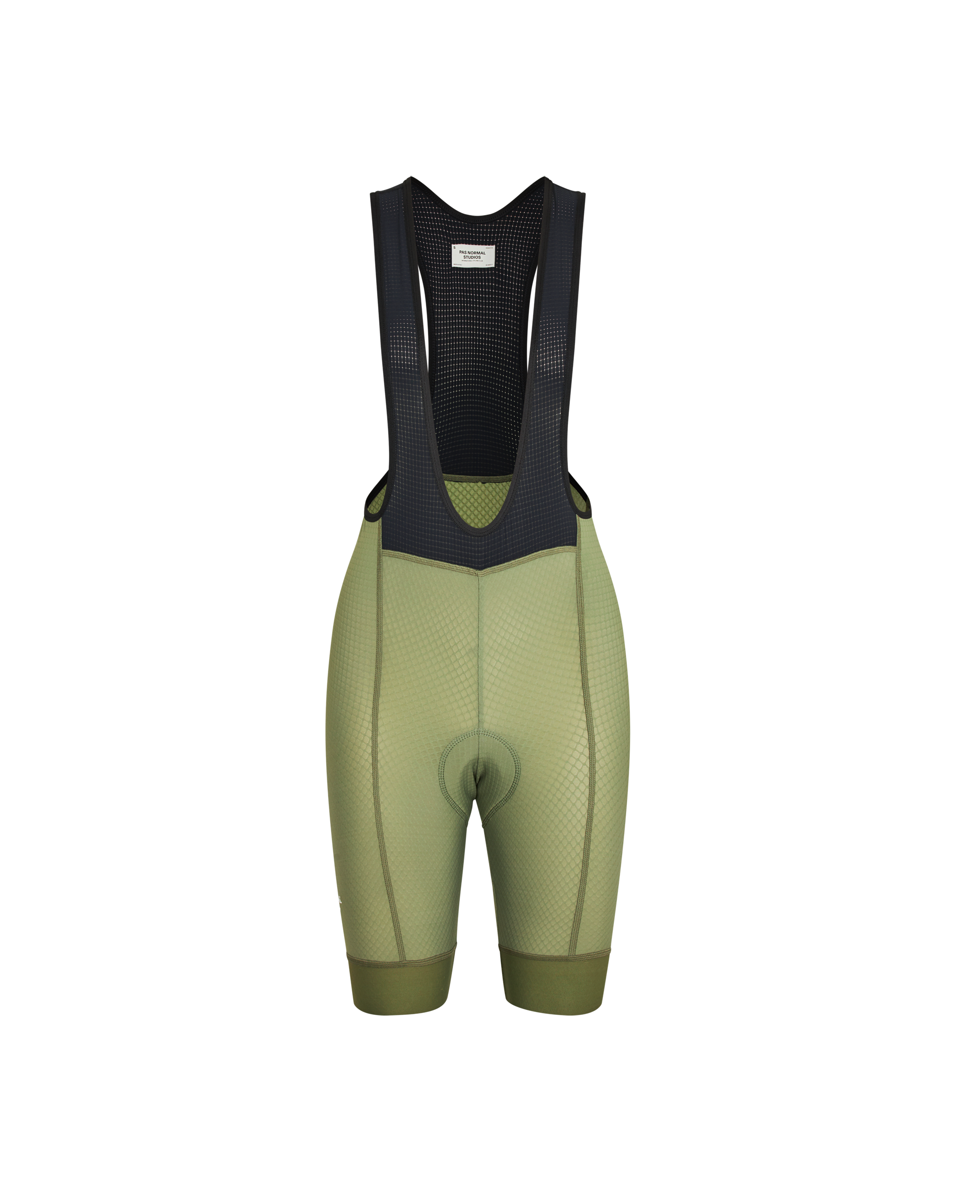 Light Olive Essential bibs, front flat lay with black mesh straps and chamois pad