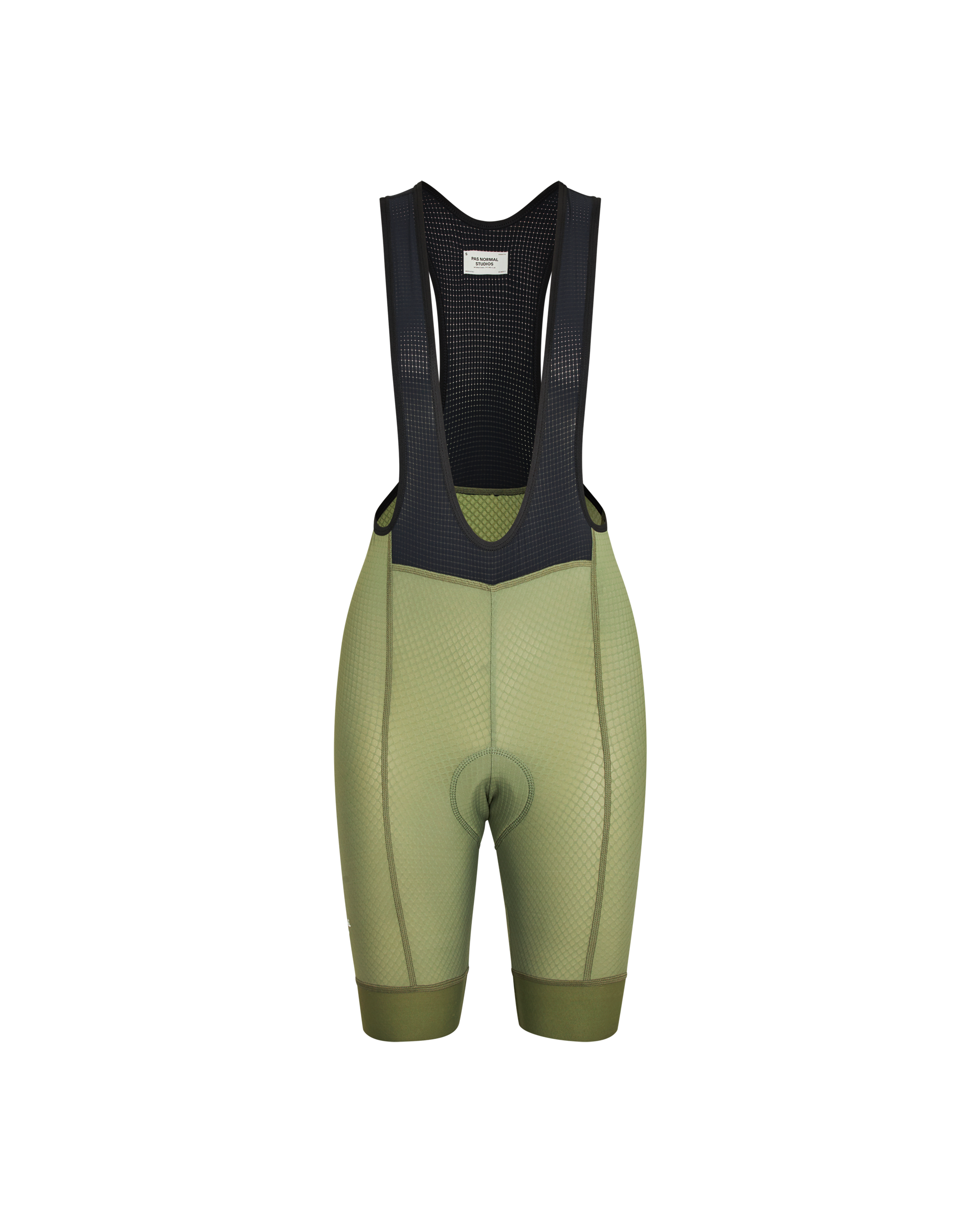 Light Olive Essential bibs, front flat lay with black mesh straps and chamois pad