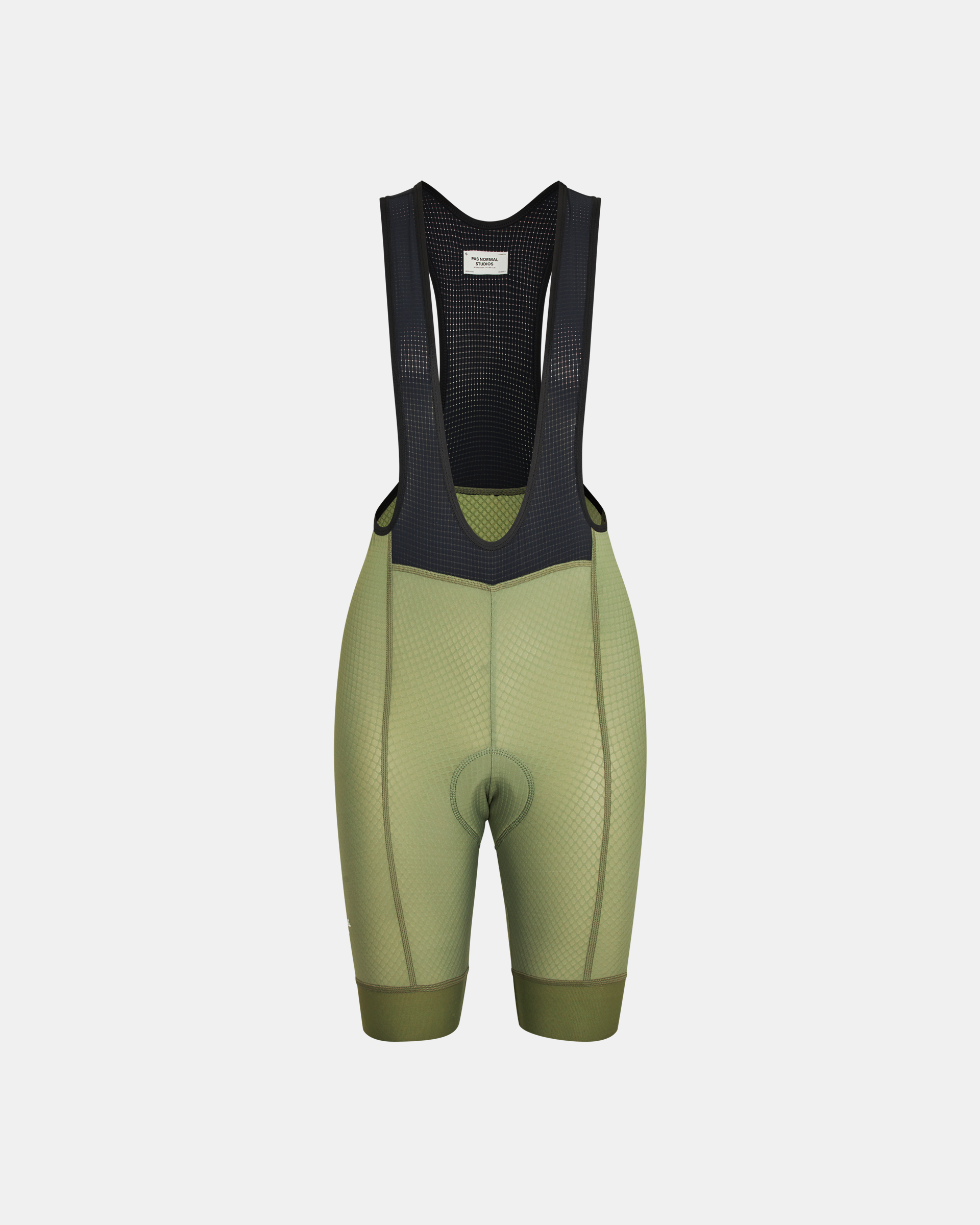 Light Olive Essential bibs, front flat lay with black mesh straps and chamois pad