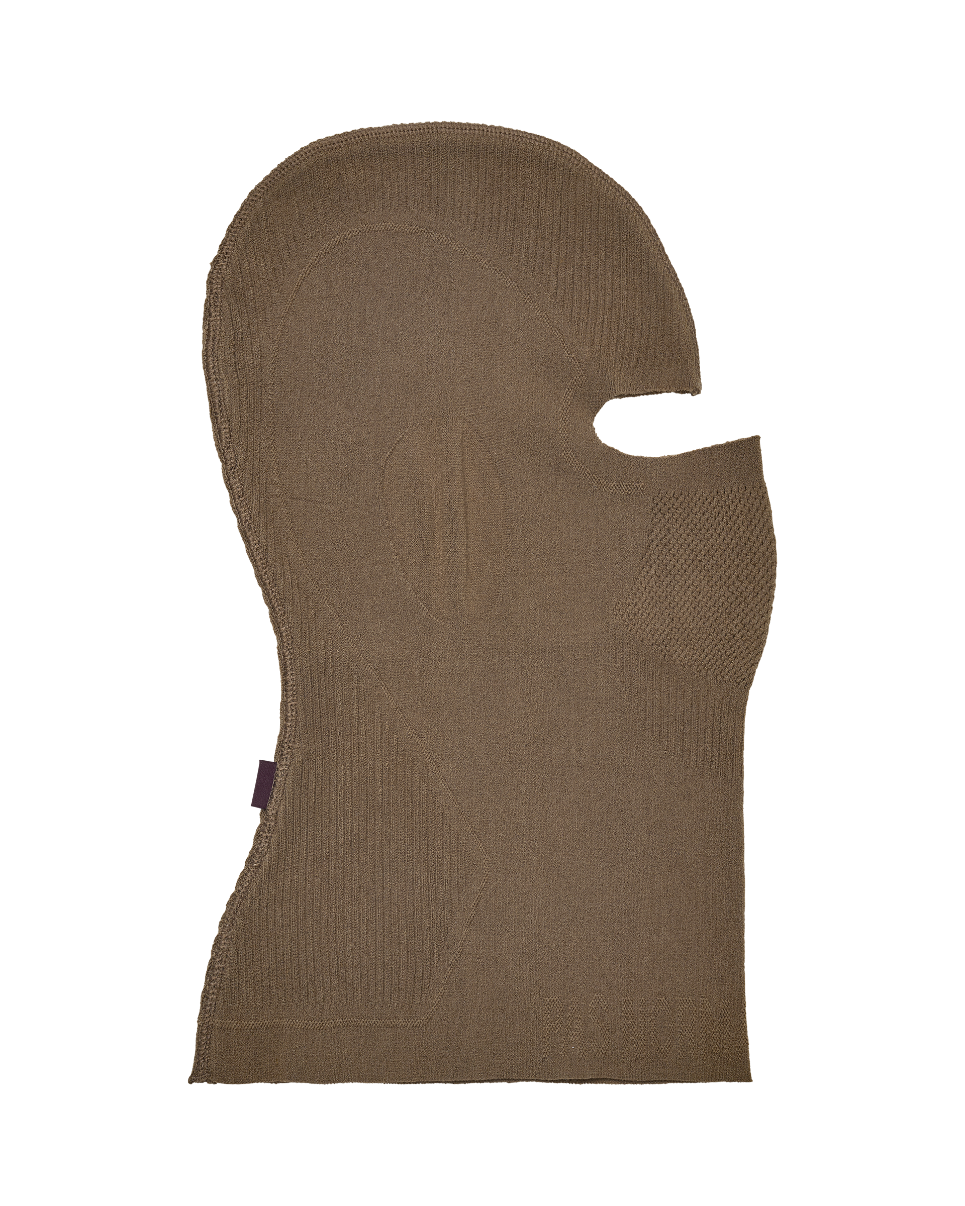 Stone Brown Balance balaclava, front flat lay with textured knit panel and single face opening