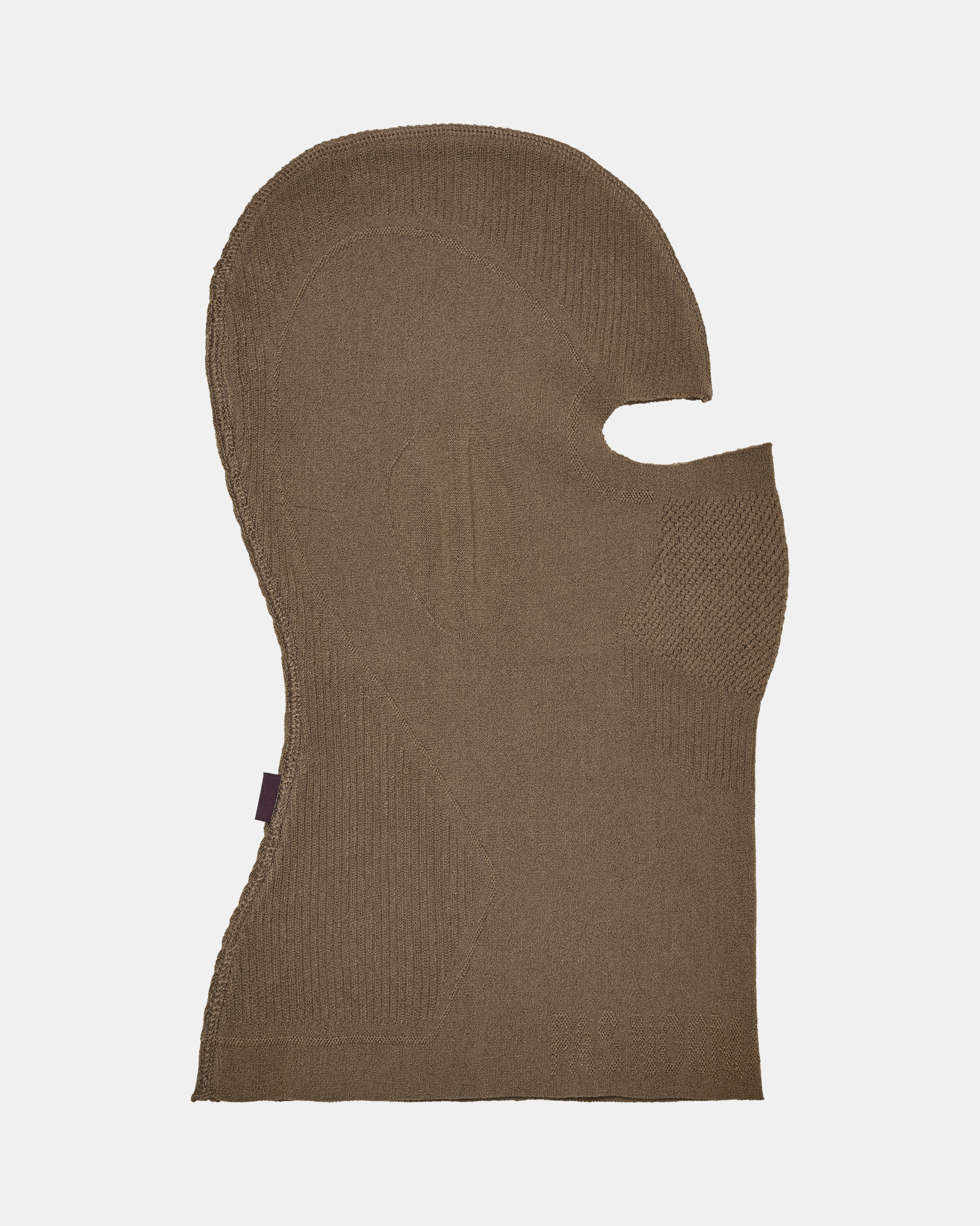 Stone Brown Balance balaclava, front flat lay with textured knit panel and single face opening