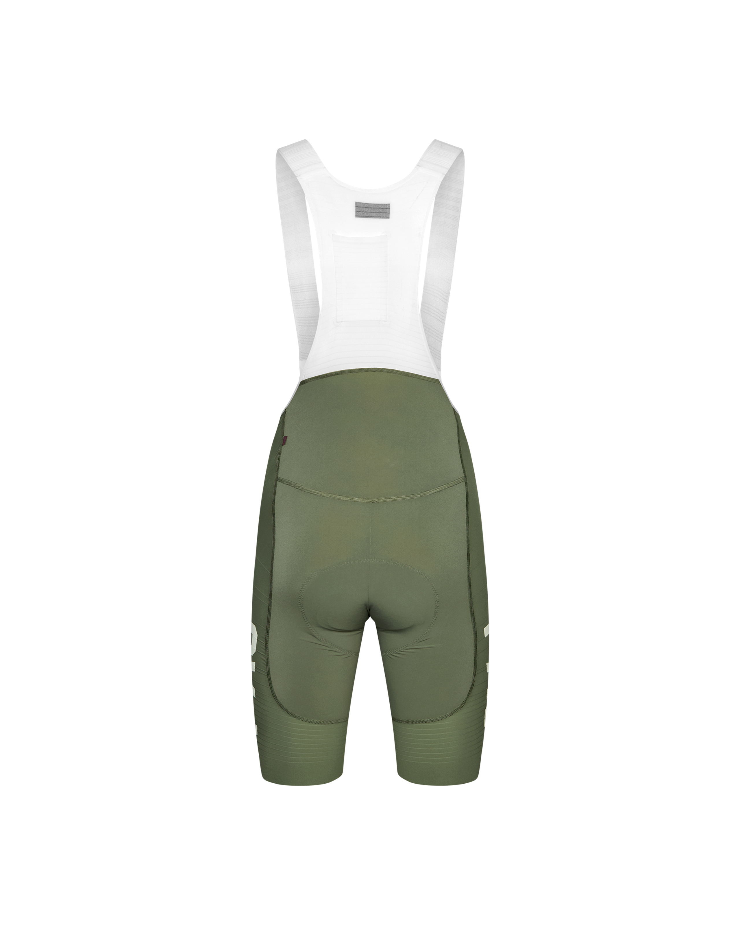 Grey Moss PAS Mechanism Pro cycling bibs, rear view with white shoulder straps