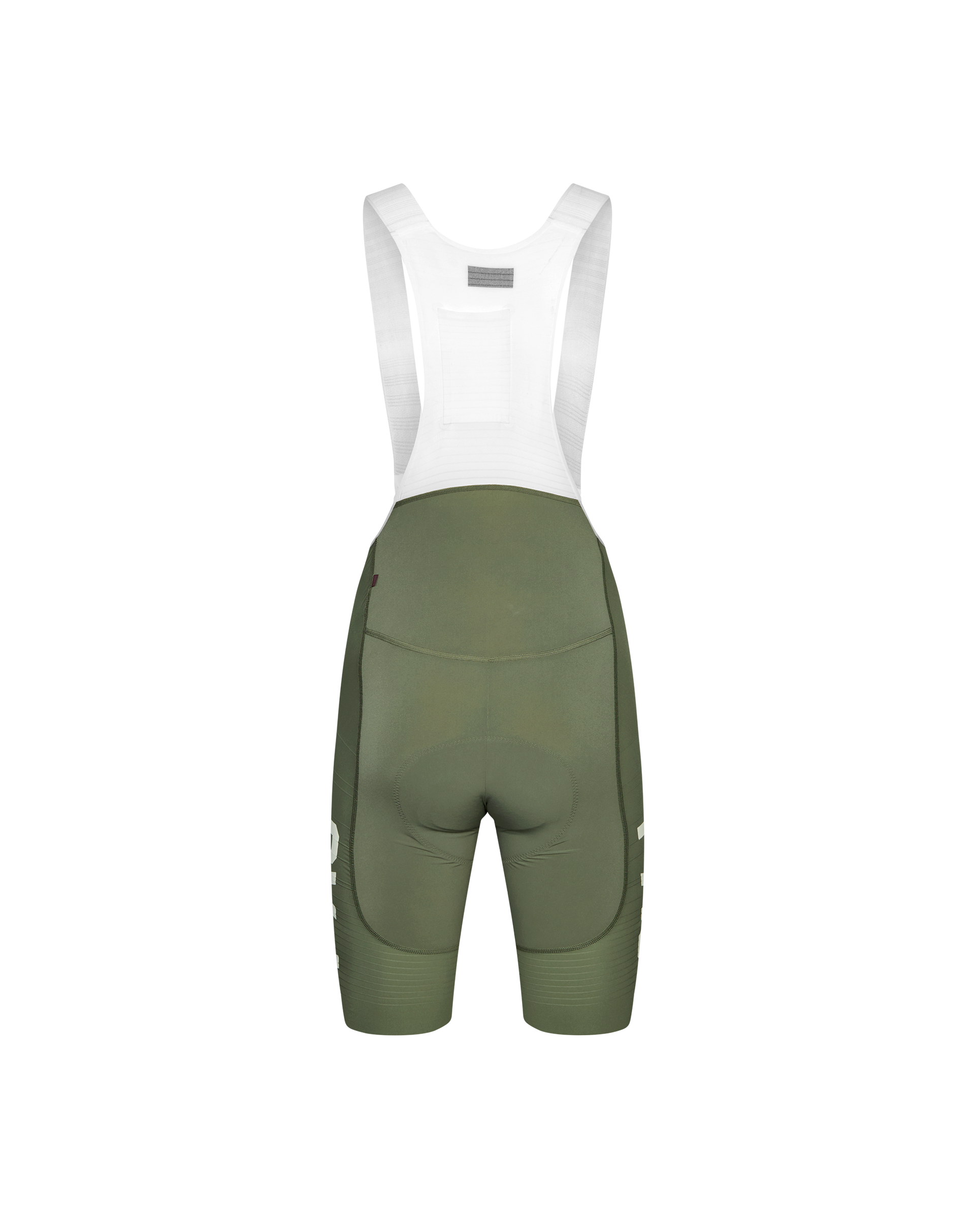 Grey Moss PAS Mechanism Pro cycling bibs, rear view with white shoulder straps