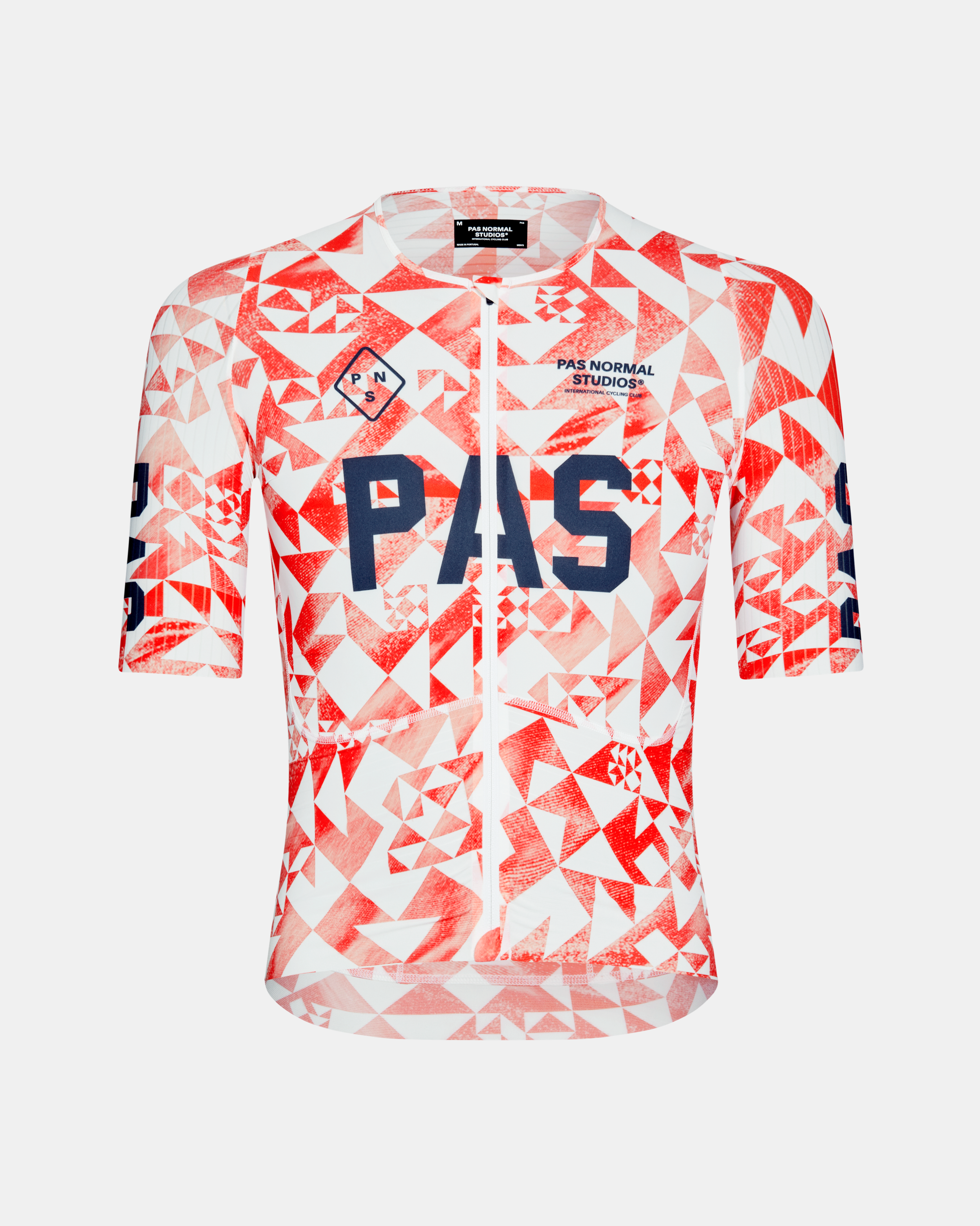 White PAS Mechanism Pro cycling jersey, front view with red geometric print pattern