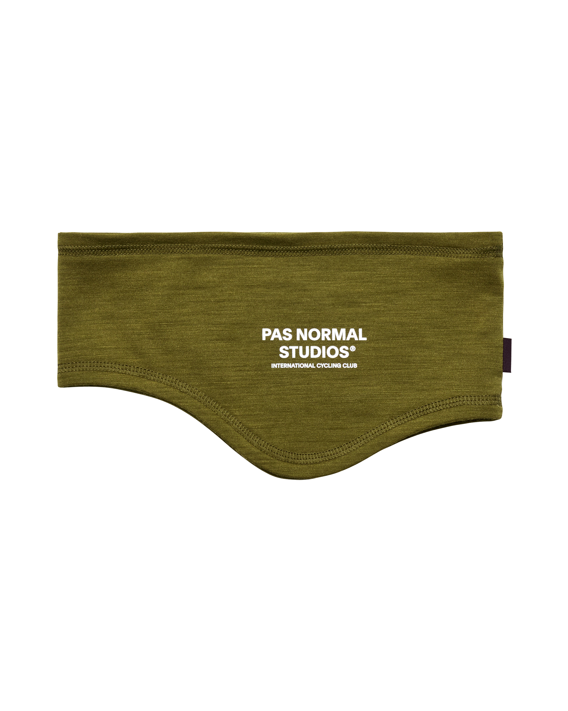 Khaki Green Logo Merino cycling headband, front flat lay with white chest print