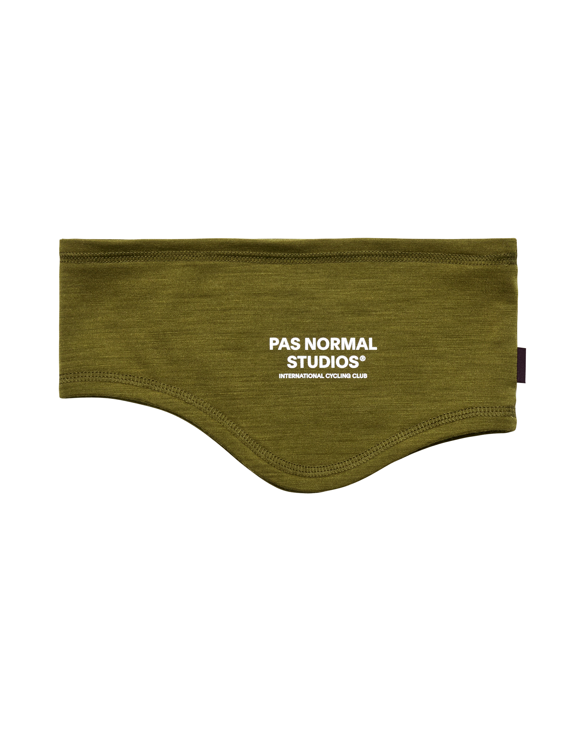 Khaki Green Logo Merino cycling headband, front flat lay with white chest print