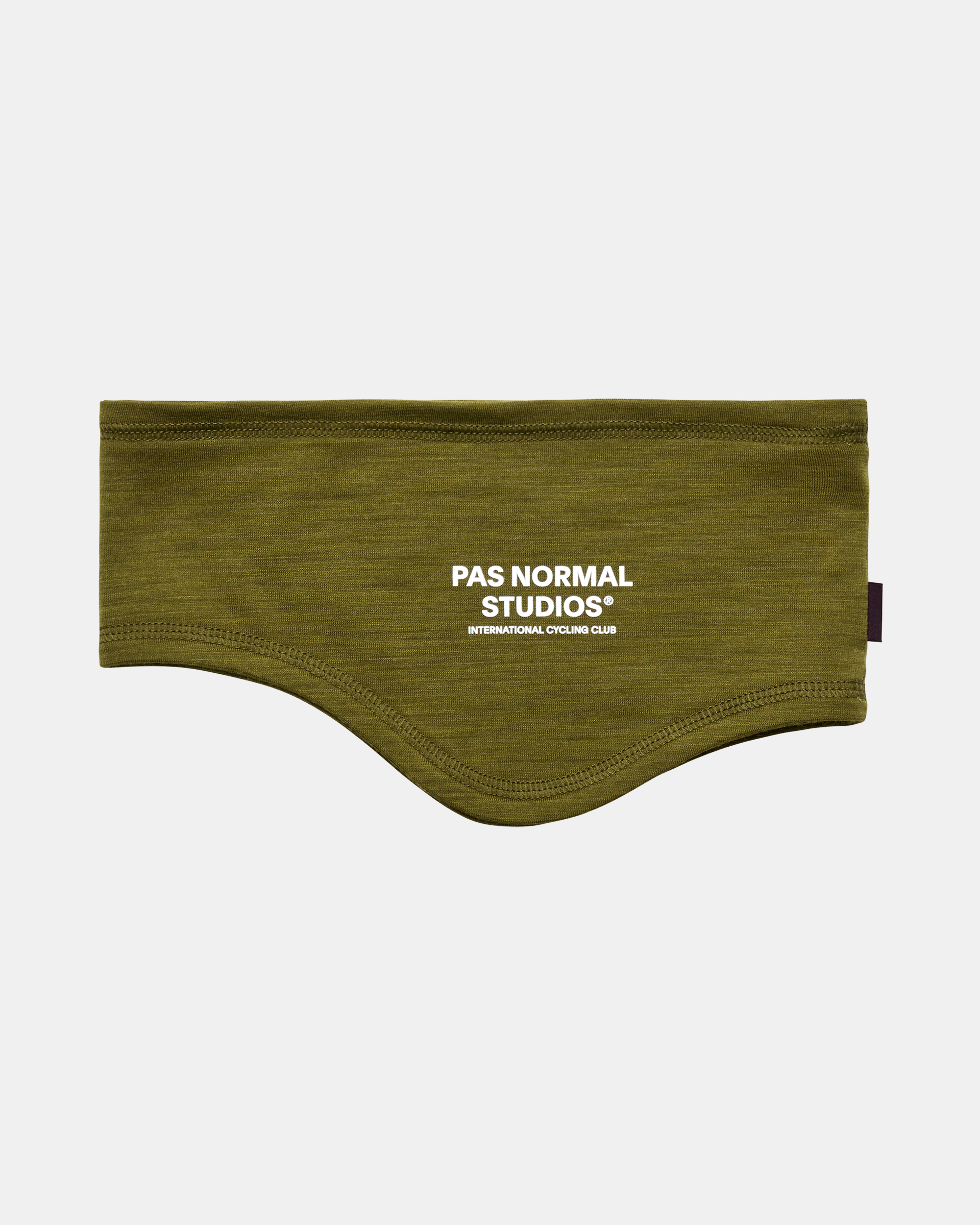 Khaki Green Logo Merino cycling headband, front flat lay with white chest print