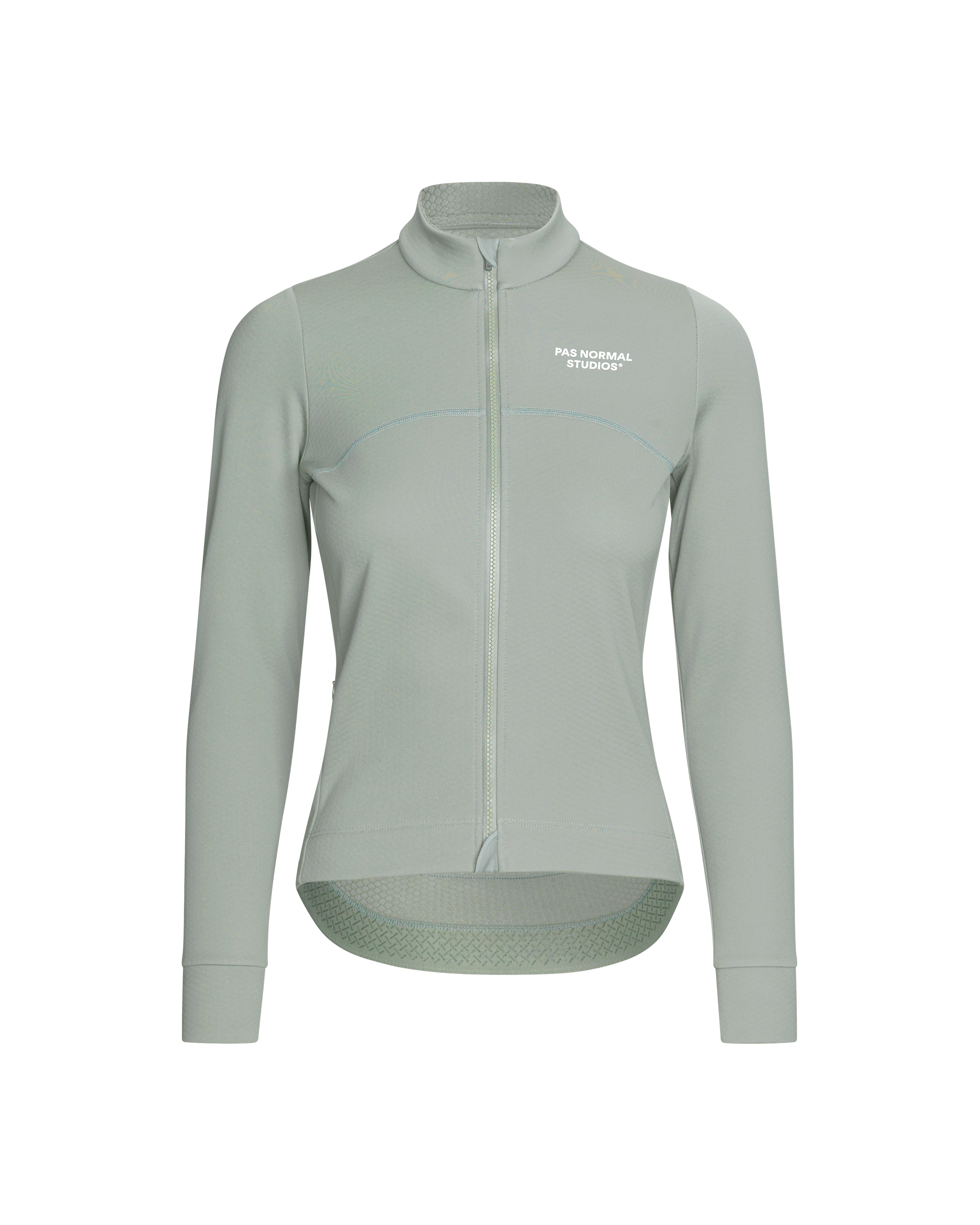 Light Green Essential Thermal long sleeve cycling jersey, front flat lay with full zip and white chest logo
