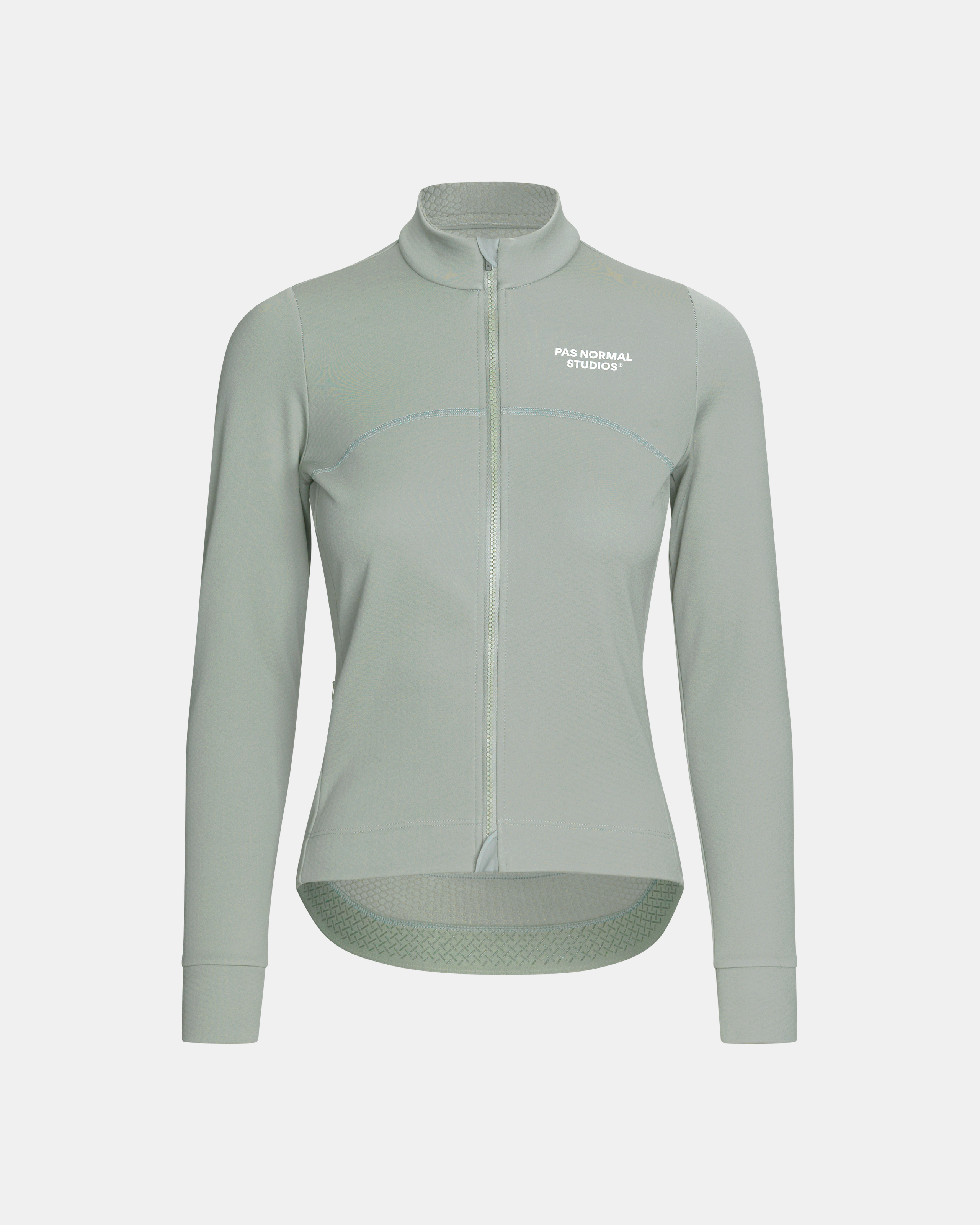 Light Green Essential Thermal long sleeve cycling jersey, front flat lay with full zip and white chest logo