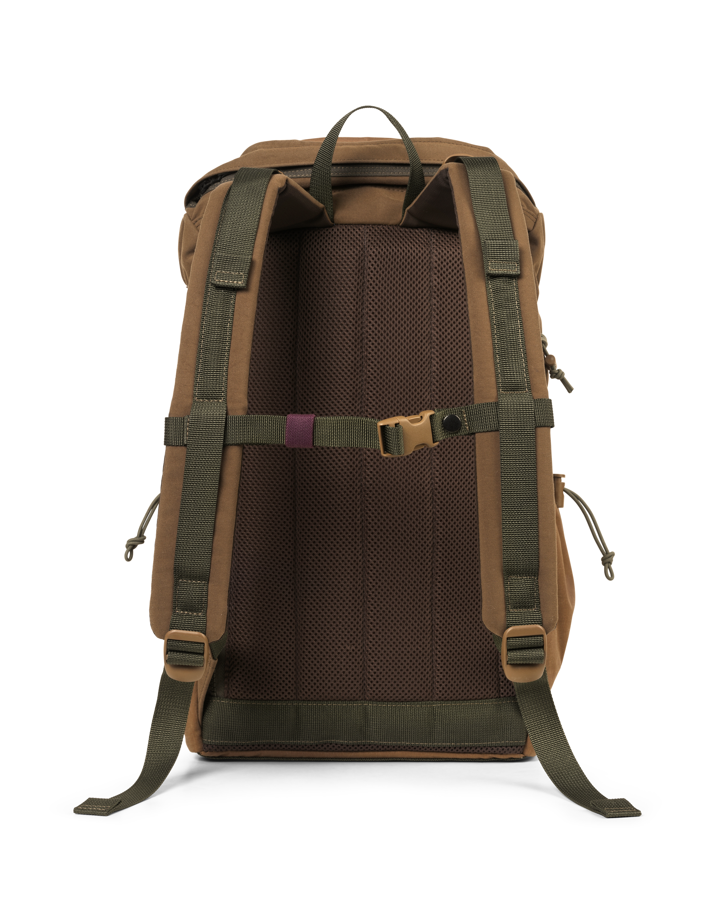 Light Brown Porter-Yoshida backpack, rear view with mesh back panel and olive green shoulder straps with chest buckle