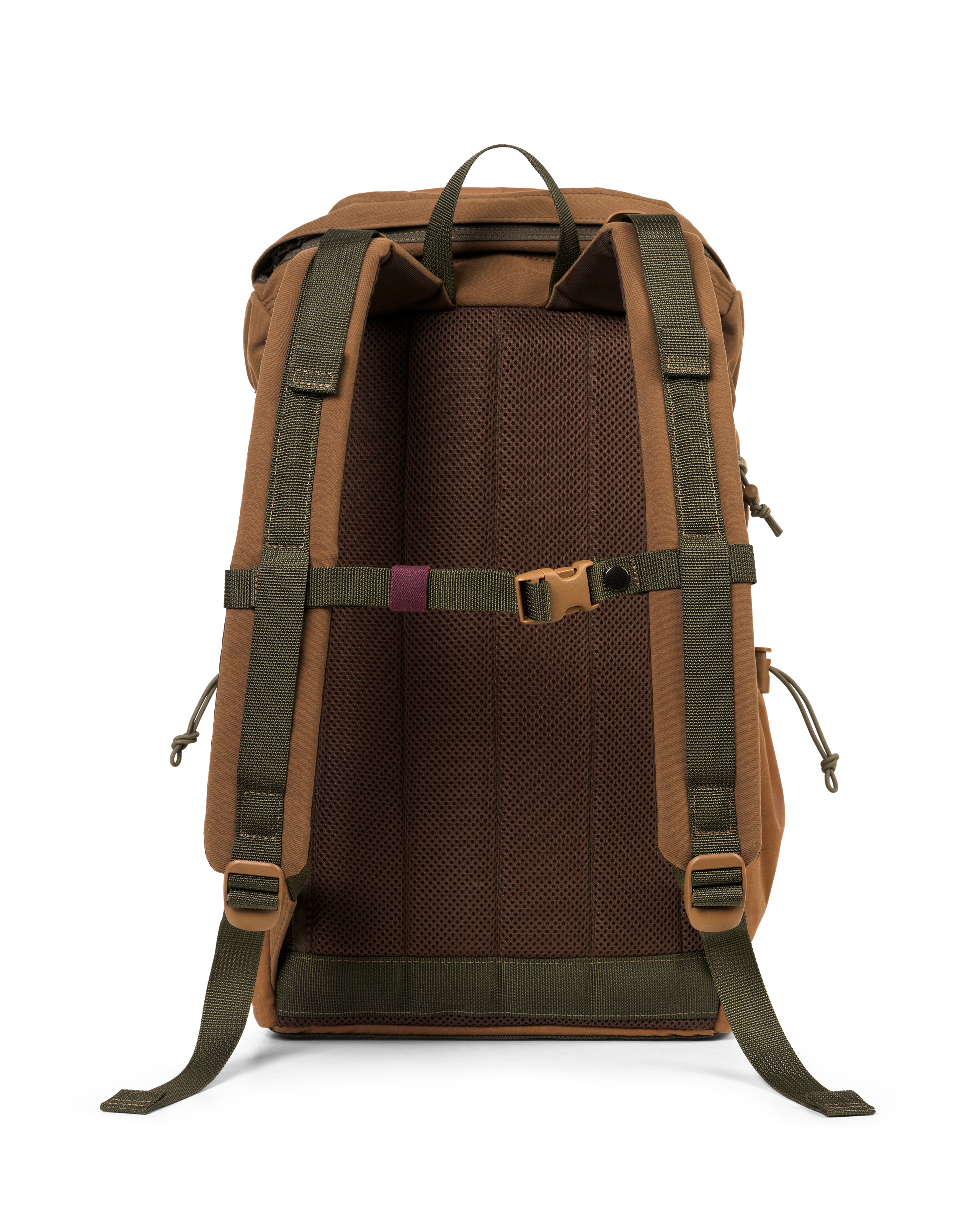 Light Brown Porter-Yoshida backpack, rear view with mesh back panel and olive green shoulder straps with chest buckle