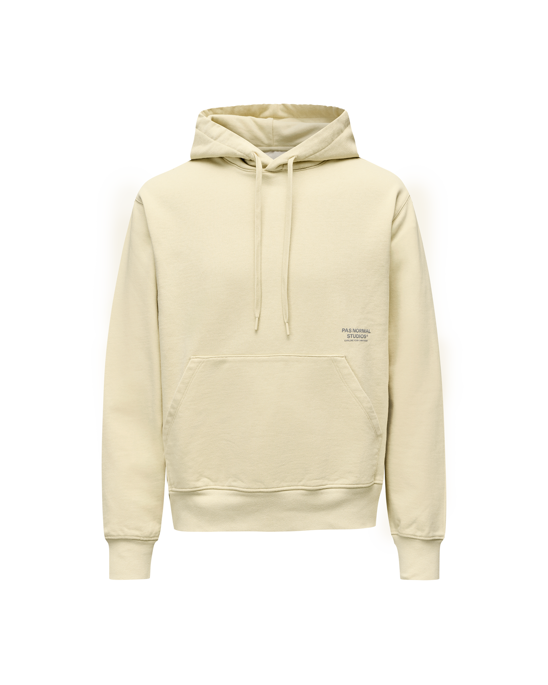 Sand Off-Race hoodie, front flat lay with kangaroo pocket and small chest text print