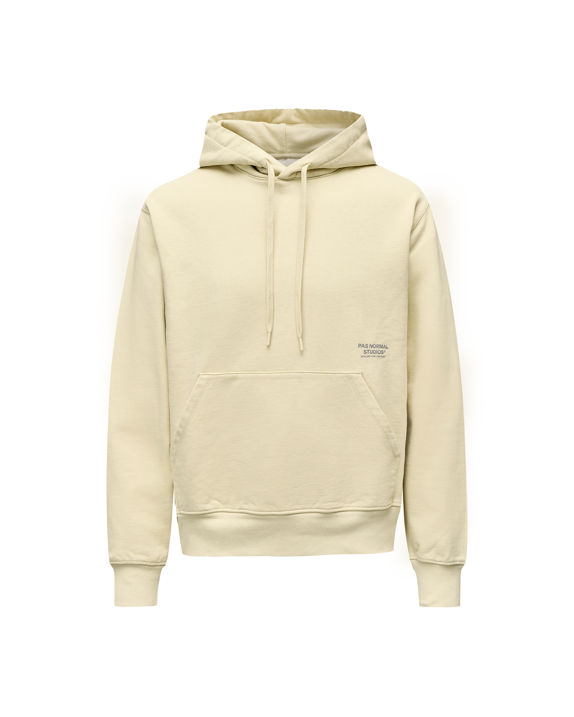Sand Off-Race hoodie, front flat lay with kangaroo pocket and small chest text print